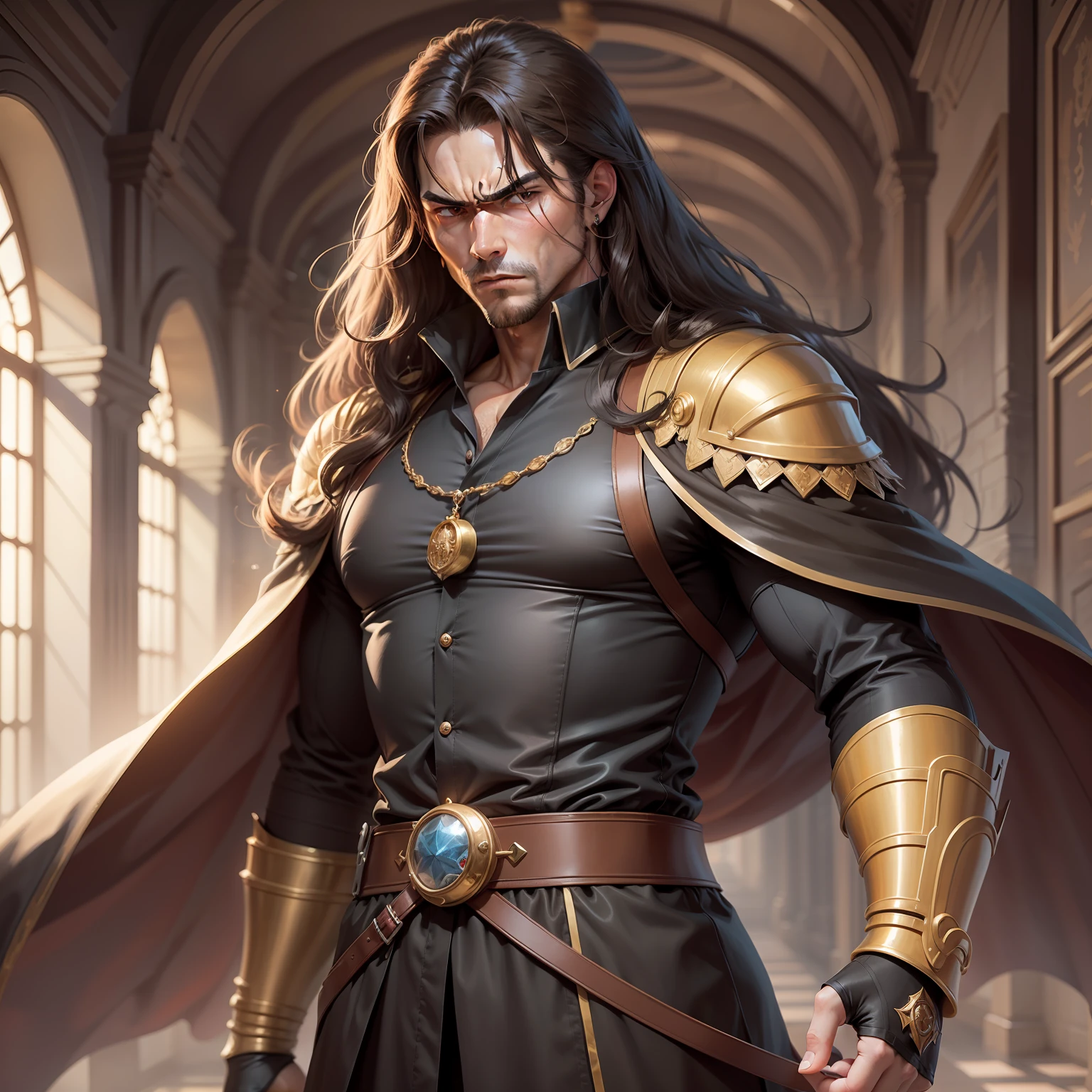 Realistic image of a handsome, strong man, long brown hair, brown eyes, dressed in black alchemist style costumes with a black blouse underneath, anime character style art, angry, hallway of a royal palace