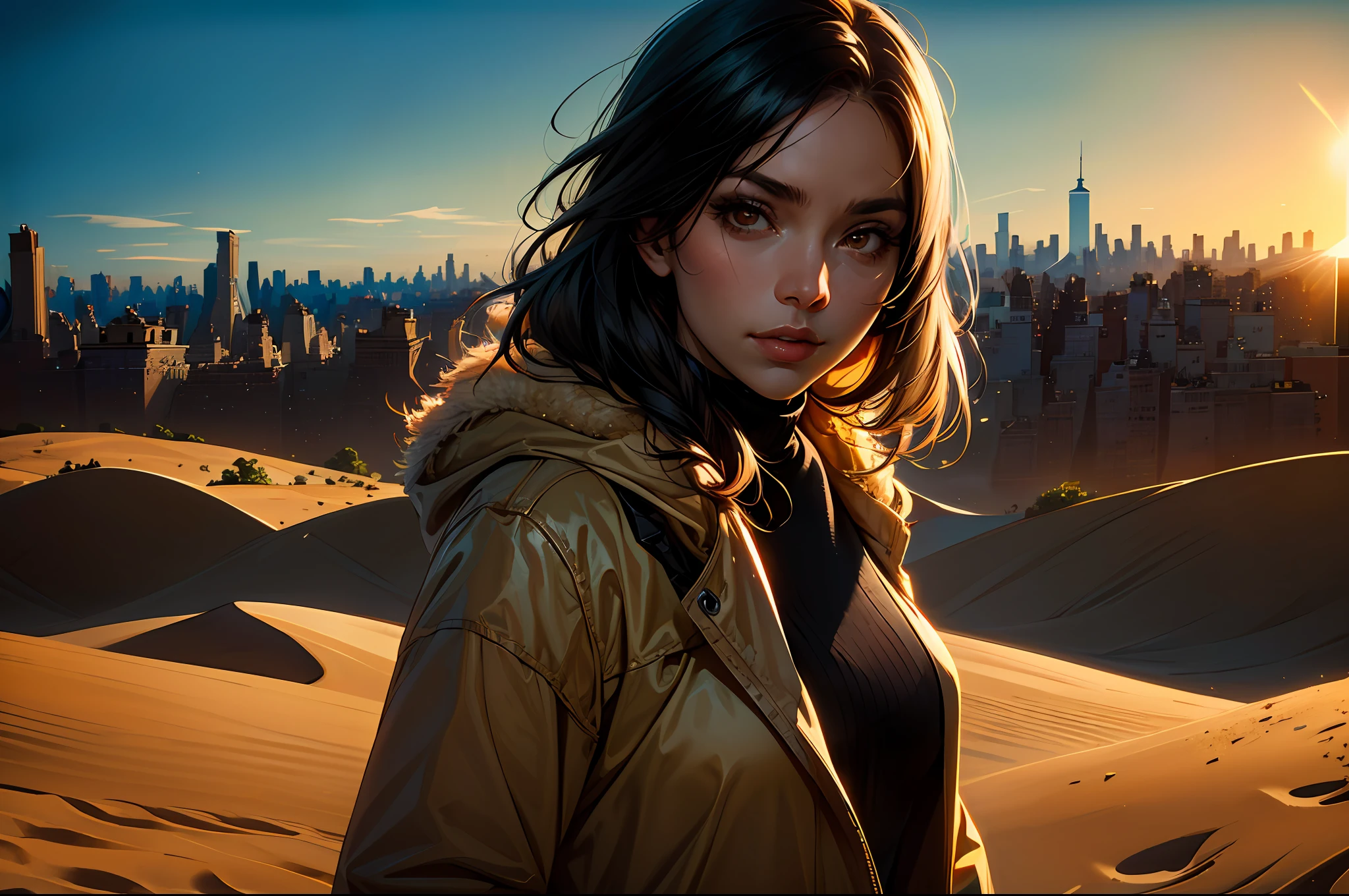 beautiful girl, (New York city:1.5) surrounded by sand dunes in the background, dramatic light, very detailed, hagh quality