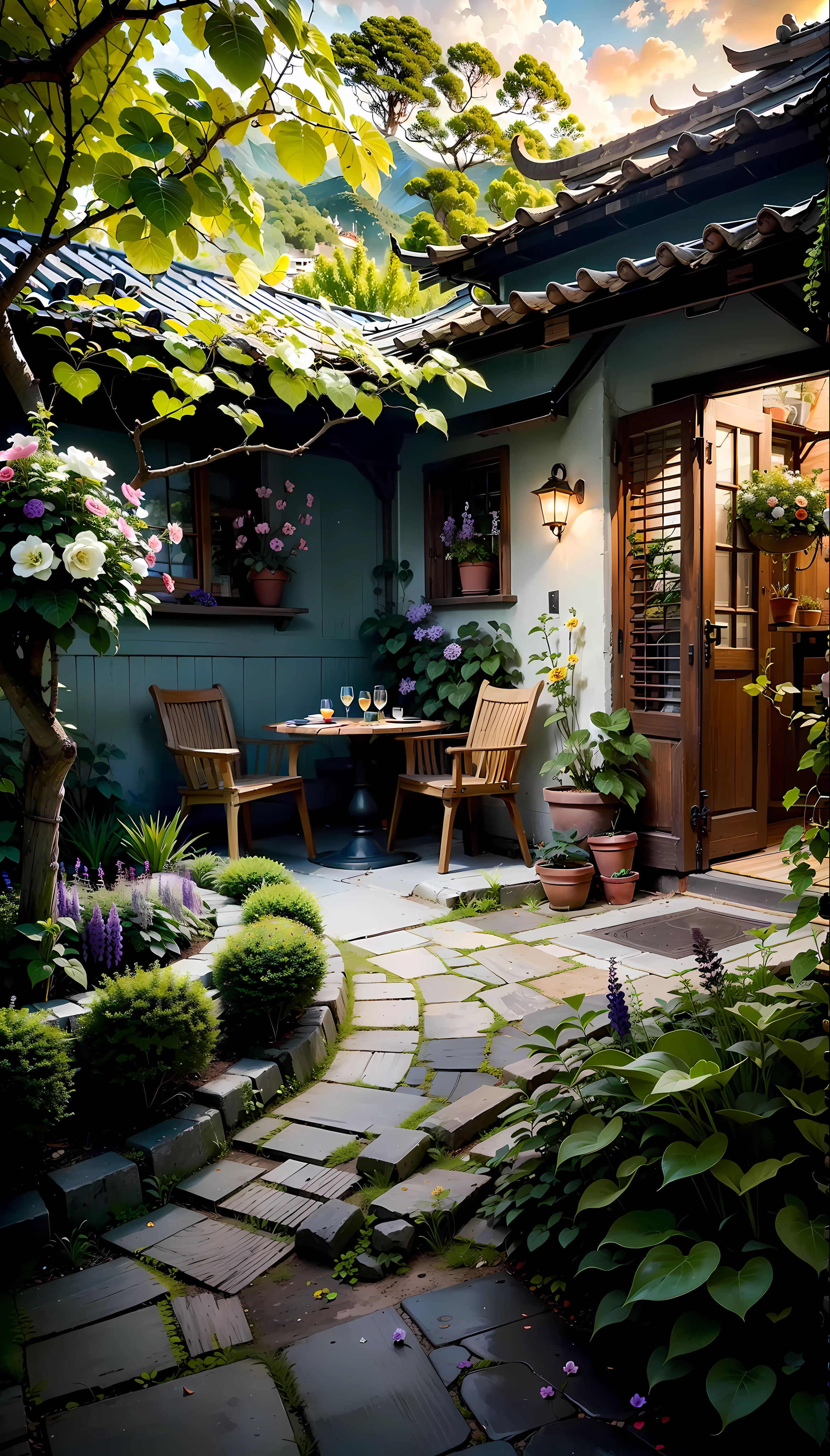 Seaside, small courtyard, railing, round table, stool, pillow, coffee, bouquet of flowers, green plants, trees, sea, ancient buildings, sofa, sun, clouds, sunset, sunset, wide angle lens, mountains, paradise, round flowers, round flowers, boxwood balls, creeper, , fragrant vine, wisteria, cannon flowers, , lingxiao, gourd, mountain turtle, ivy, rose, vine season clematis windmill jasmine triangle plum ball orchid