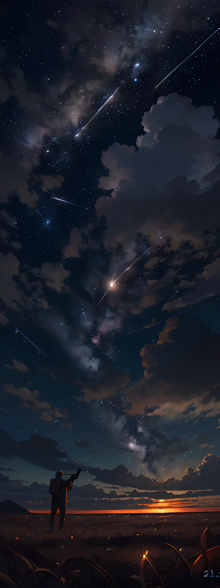 Expansive landscape photograph, (view from below with a view of the sky and wilderness below), a guy standing in a grass field looking up, 25 year old guy, short hair, black hair, glasses, ragged attire, (full moon: 1.2), (shooting star: 0.9), (nebula: 1.3), distant mountain, tree break production art, (warm light source: 1.2), (firefly: 1.2), lamp, purple and orange, intricate detail, volume lighting, realism break (masterpiece: 1.2) (Best Quality), 4K, Ultra-Detailed, (Dynamic Configuration: 1.4), Highly Detailed and Colorful Details, (Iridescent Colors: 1.2), (Glowing Lighting, Atmospheric Lighting), Dreamy, Magical, (Solo: 1.2)