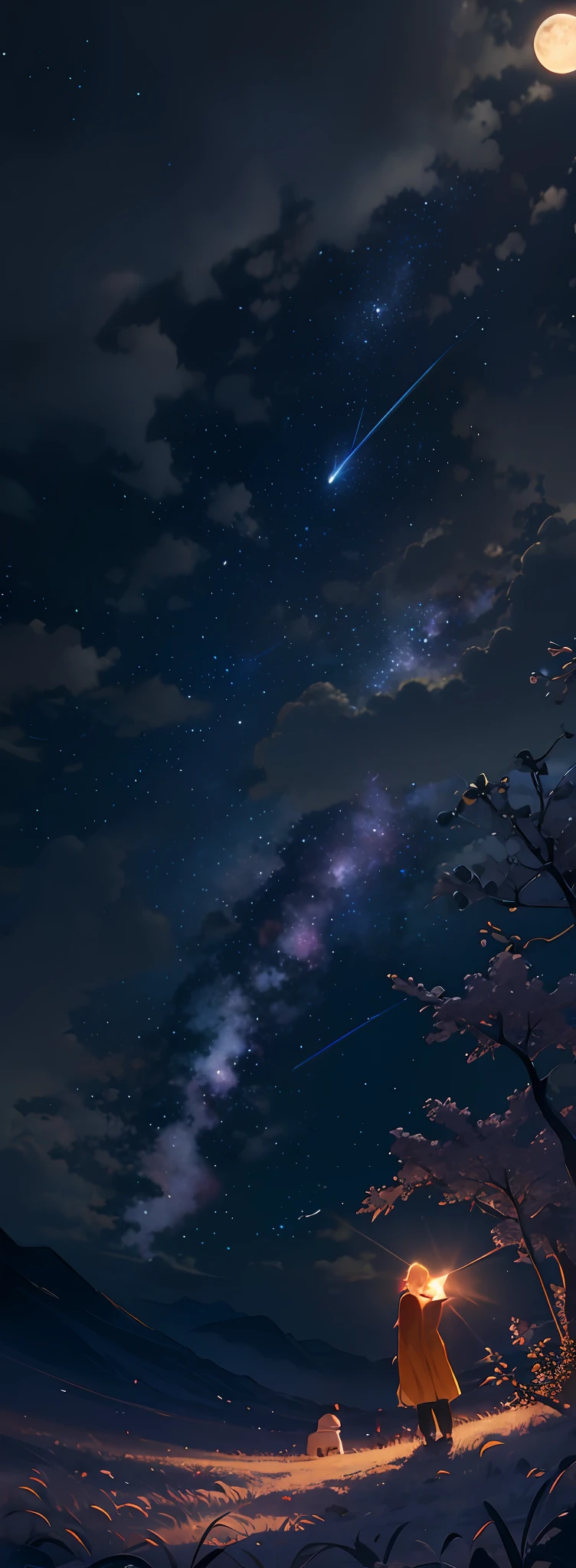 starry night with a couple of people sitting under a tree, night sky full of flowers, calm night. digital illustration, night sky; 8k, moonlit starry sky environment, starry sky 8 k, night under the starry sky, endless cosmos in the background, night background, beautiful night sky, cosmic skies. by makoto shinkai, starry sky, anime background