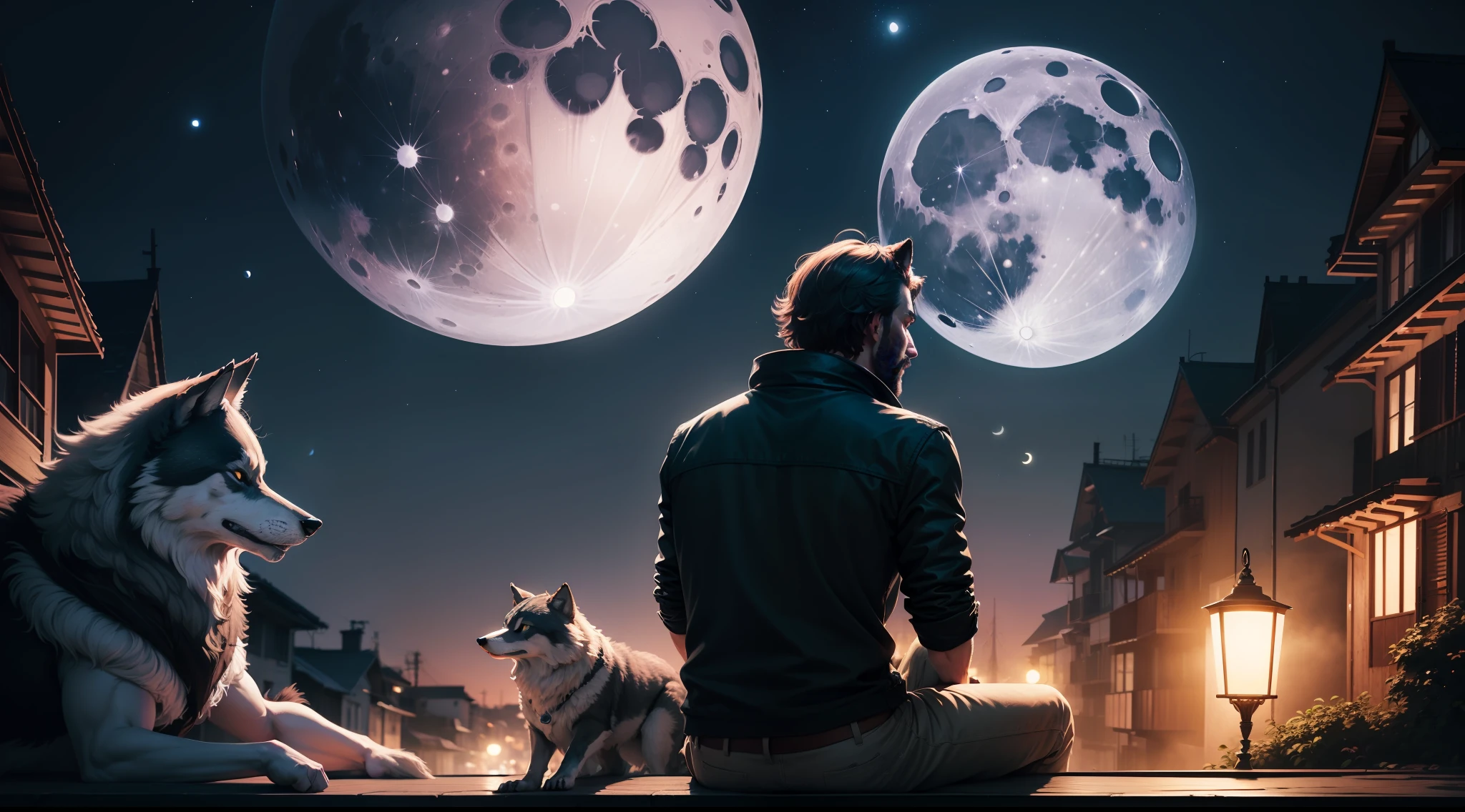 "homem a noite com um lobo olhando pra lua" (translation: "man at night with a wolf looking at the moon").