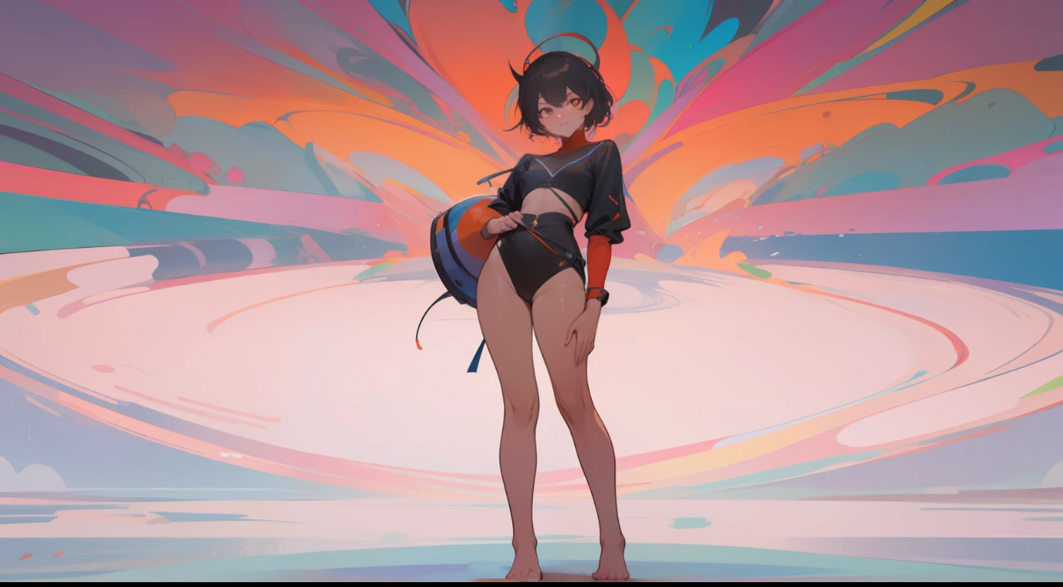 (abstract surreal lanscape) that conveys the feeling of happiness, vibrant colors, (((full body shot))) young woman, model, very short stature, small breasts, tanned skin, short, tight clothes made of silk, bare feet