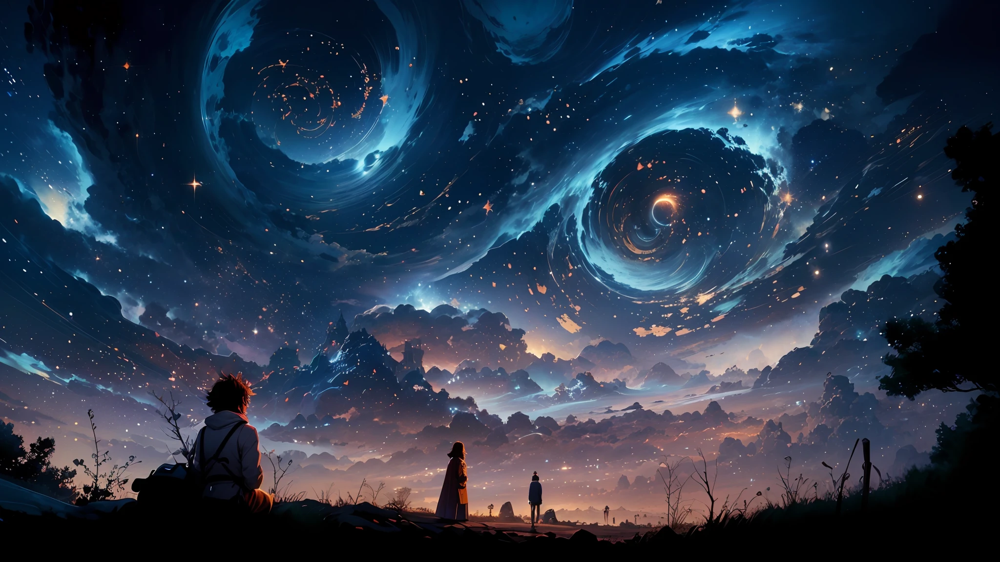 anime scene of a couple of people standing under a starr sky, 4k highly detailed digital art, beautiful art uhd 4 k, makoto shinkai cyril rolando, inspired by Cyril Rolando, anime art wallpaper 4k, anime art wallpaper 4 k, starry sky 8 k, cyril rolando and goro fujita --auto --s2