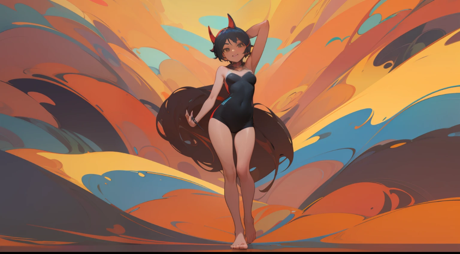 (abstract surreal lanscape) that conveys the feeling of happiness, vibrant colors, (((full body shot))) young woman, model, very short stature, small breasts, tanned skin, short, tight clothes made of silk, bare feet