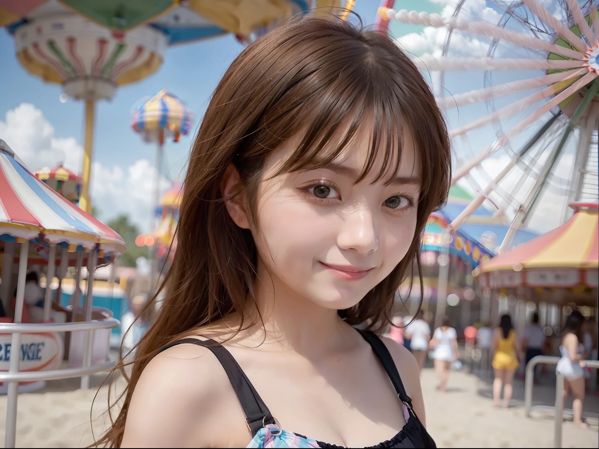 drawing, dramatic, 1 girl, cute Japan girl, black hair, sundress, (medium ), (beach promenade, amusement park, ferris wheel, carousel, cotton candy, arcade, roller coaster), live-action, realistic, smile,