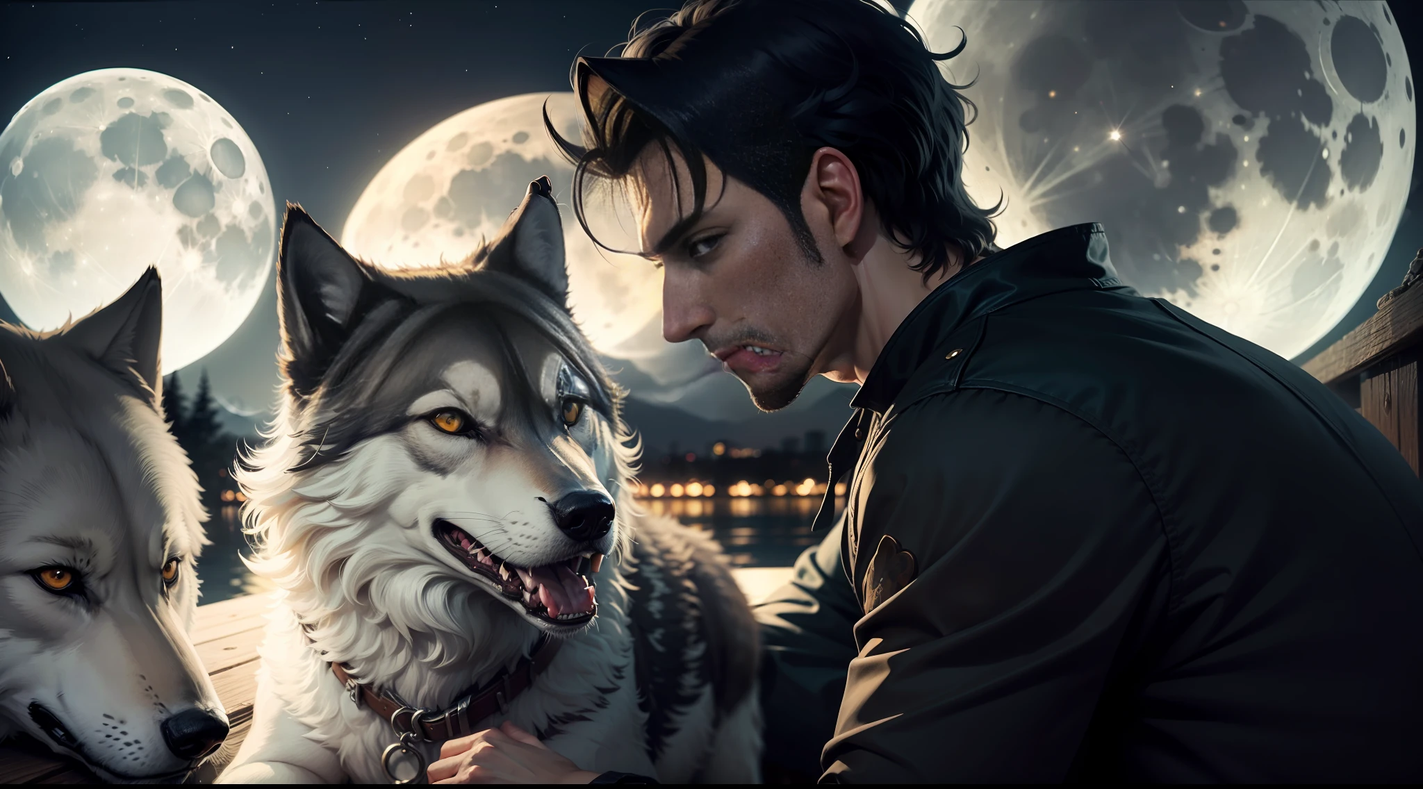 "homem a noite com um lobo olhando pra lua" (translation: "man at night with a wolf looking at the moon").