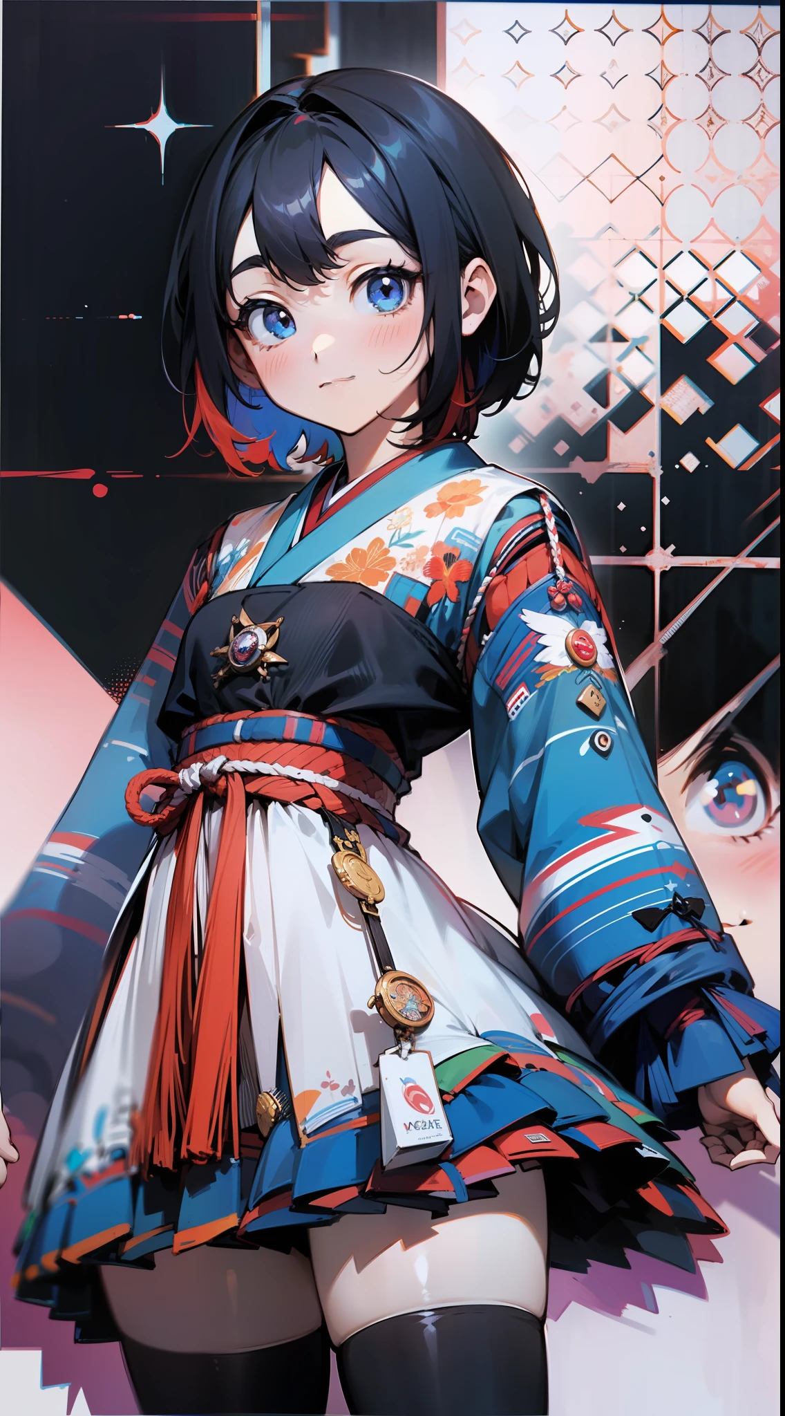 Absurdity, Hi-Res, Super Detail, 1 Girl, Solo, Standing, Cartoon "Guess Child" Style, Dress Like a Japan Idol, Extreme Detail Eyes, (Official Art, Beautiful and Aesthetic: 1.2), (1 Girl), Extreme Detail, (Fractal Art: 1.3), Colorful, Supreme Detail, Dark Shorthair, Short Hair, Odd Eye (Left eye is blue, right eye is red)