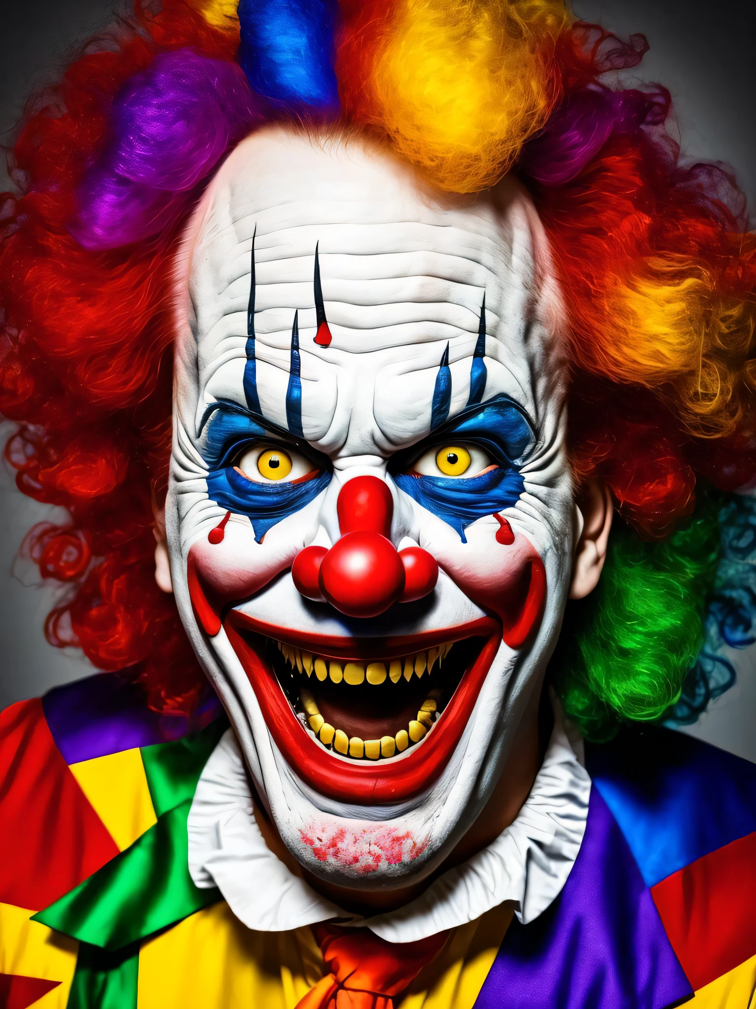 a portrait wide angle photo at sadistic Jocker with defined sadistically ecstatic face details, snub nose and crazy eyes wearing a vivid, intricate clown costume
background horror night city