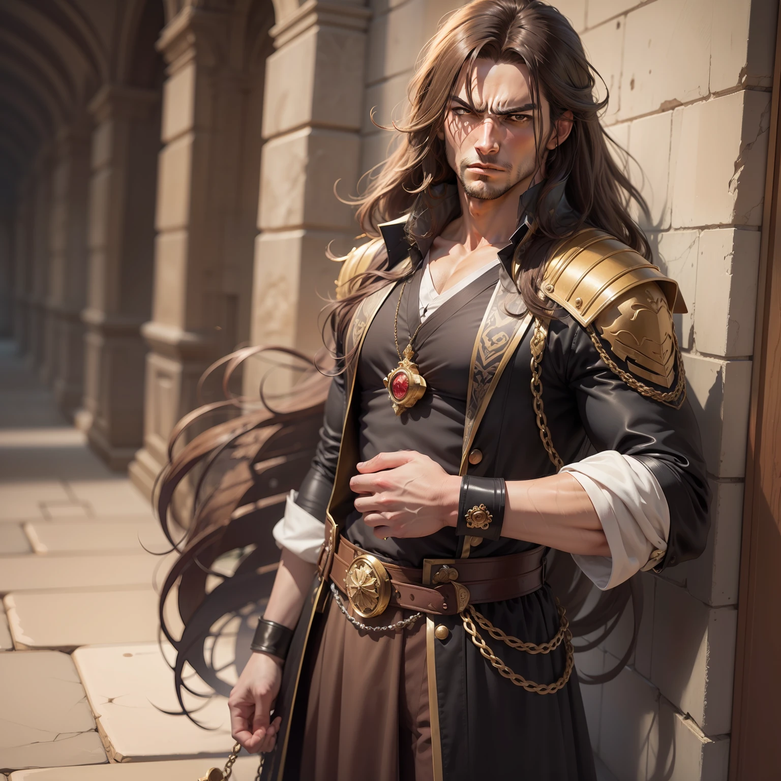 Realistic image of a handsome, strong man, long brown hair, brown eyes, no earrings, dressed in black alchemist style costumes with a black blouse underneath, anime character style art, angry, hallway of a royal palace