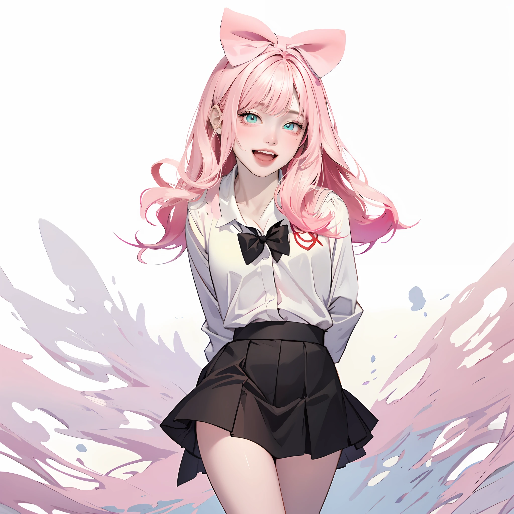 anime girl with pink hair and a bow tie, kawaii realistic, render of april, [[[[grinning evily]]]], guweiz, loli, artwork in the style of guweiz, pink twintail hair and cyan eyes, magical girl, guweiz on pixiv artstation, with pink hair, beautiful torso, skirt, arms behind back, beautiful body
