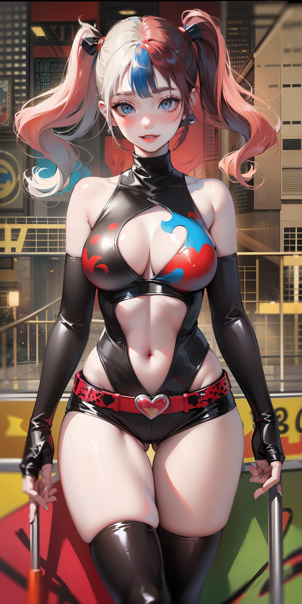 ((masterpiece)), ((best quality)), ((game)), girl, ((Harley Quinn character)), ((beautiful body)), pale skin, ((eyes)), eyebrow, (( ear)), happy, smile, hair, ((hair highlights effect)), (arms), thin waist, ((thick legs)), ((big thigh)), standing, ((background scenery) ), ((game map)), ((arena)), ((seeing)), ((hair blowing)), ((mountain)), ((leaves flying)), ((beautiful day)), pov , ((viewer view)), ((want to hug)), ((blushing)), lustful,