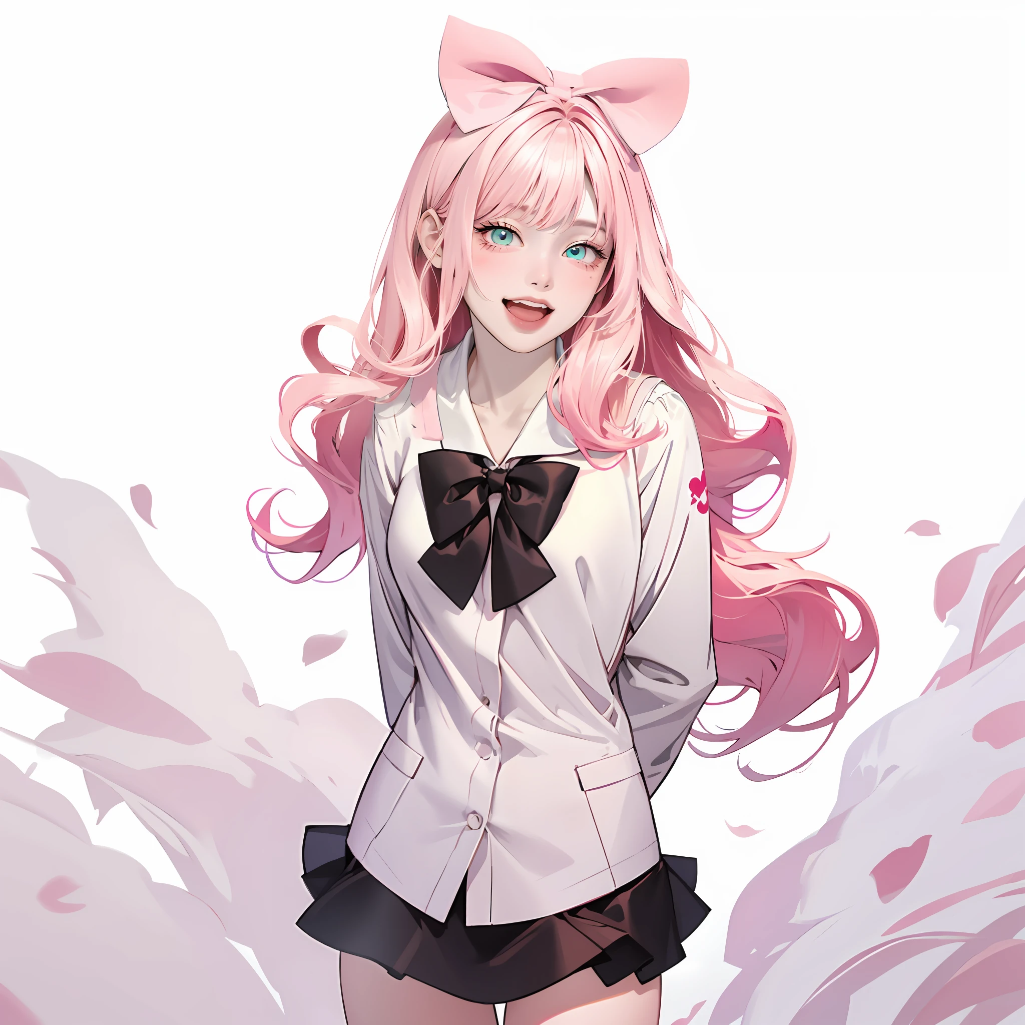 anime girl with pink hair and a bow tie, kawaii realistic, render of april, [[[[grinning evily]]]], guweiz, loli, artwork in the style of guweiz, pink twintail hair and cyan eyes, magical girl, guweiz on pixiv artstation, with pink hair, beautiful torso, skirt, arms behind back, beautiful body