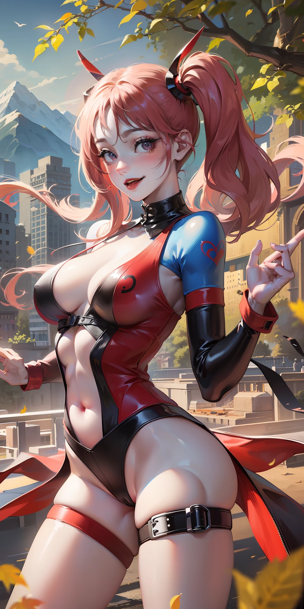 ((masterpiece)), ((best quality)), ((game)), girl, ((Harley Quinn character)), ((beautiful body)), pale skin, ((eyes)), eyebrow, (( ear)), happy, smile, hair, ((hair highlights effect)), (arms), thin waist, ((thick legs)), ((big thigh)), standing, ((background scenery) ), ((game map)), ((arena)), ((seeing)), ((hair blowing)), ((mountain)), ((leaves flying)), ((beautiful day)), pov , ((viewer view)), ((want to hug)), ((blushing)), lustful,