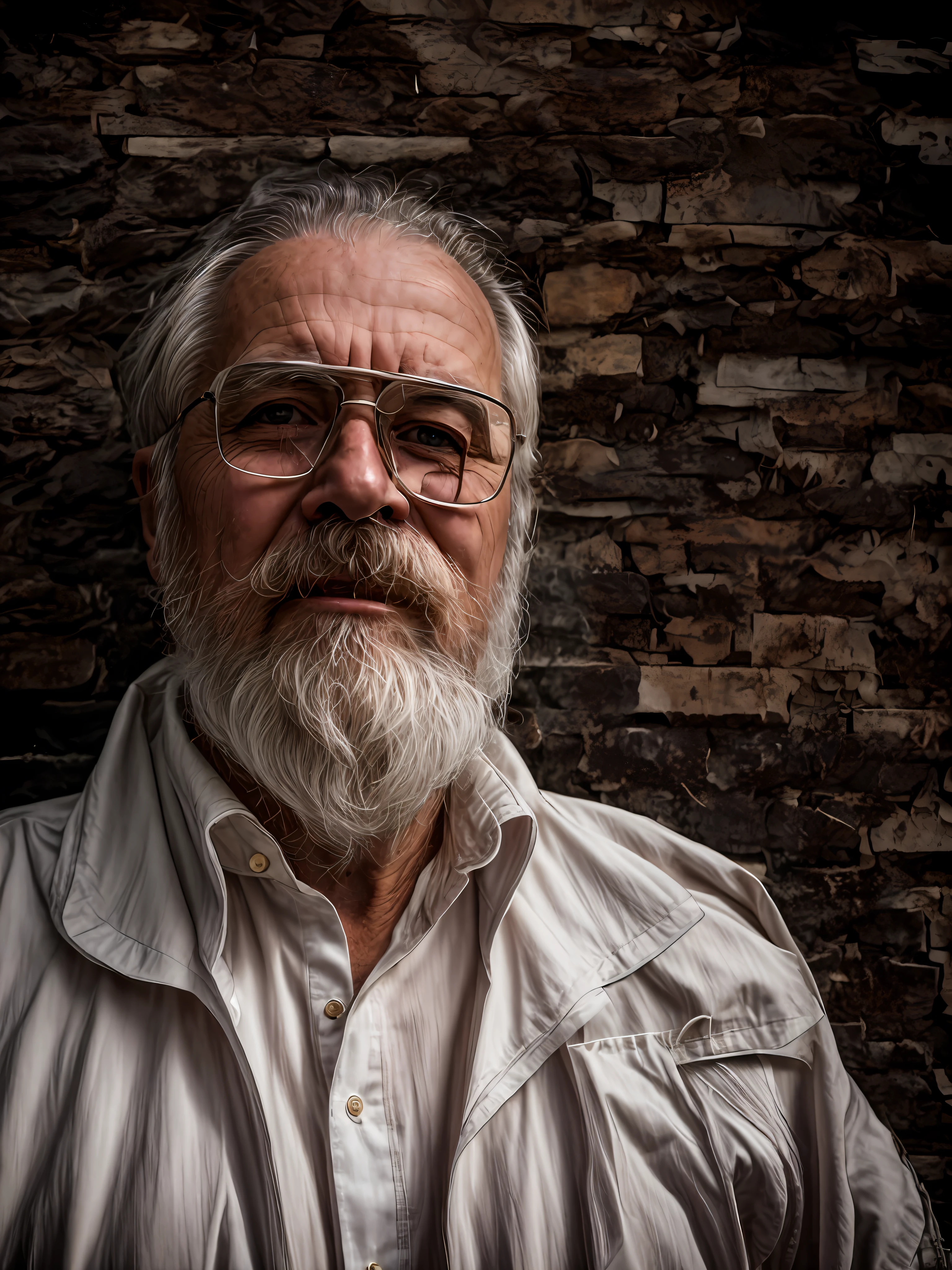 A portrait of a wizard, bearded, wrinkled, weathered, with piercing eyes, detailed face, high details, photography, dark studio, rim light, Nikon D850, 50mm, f/1.4