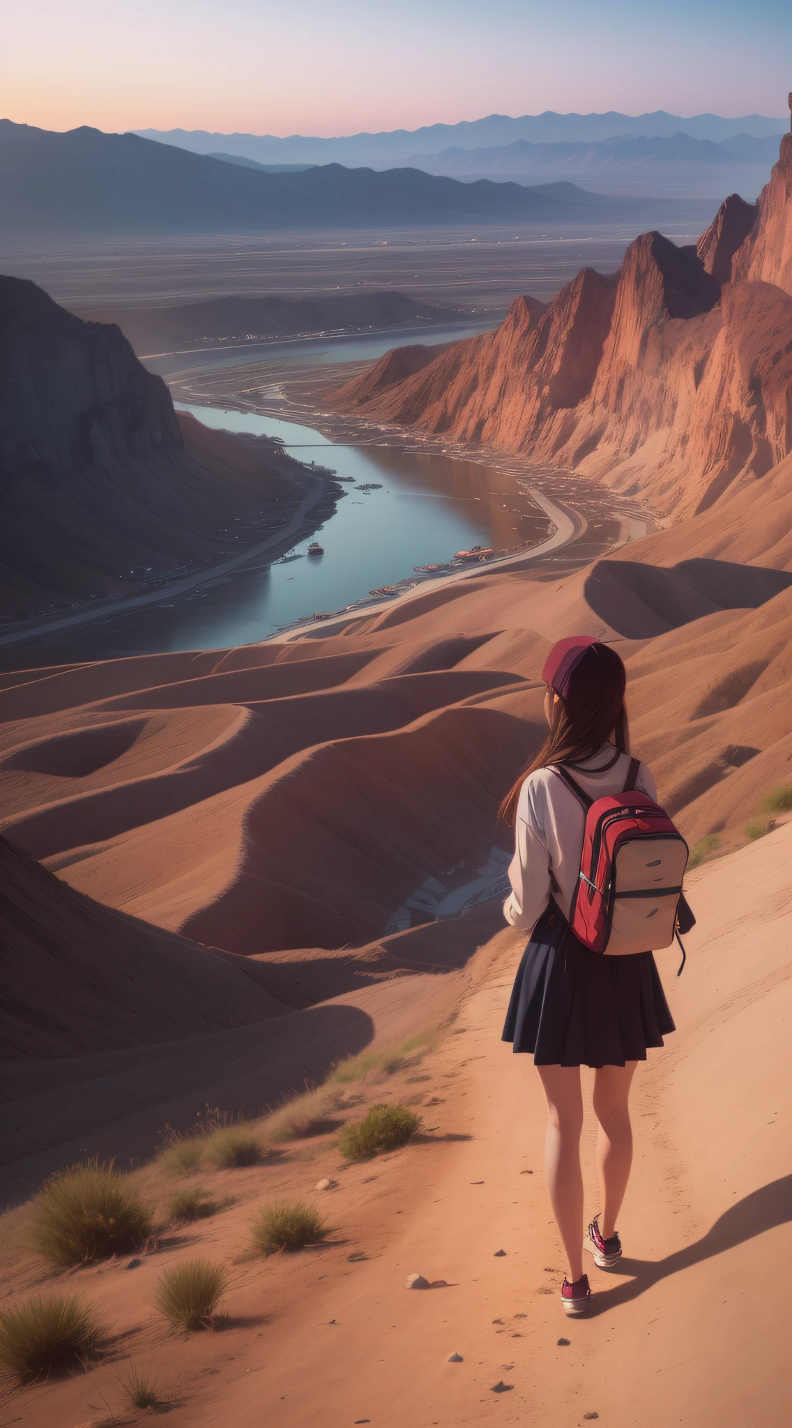 1girl, (Sketch:1.2),  anime key visual,  landscape of a Hateful [Thailand|Death Valley National Park], at Dawn, Embarrassing, Normcore Art, Accent lighting, Lomography