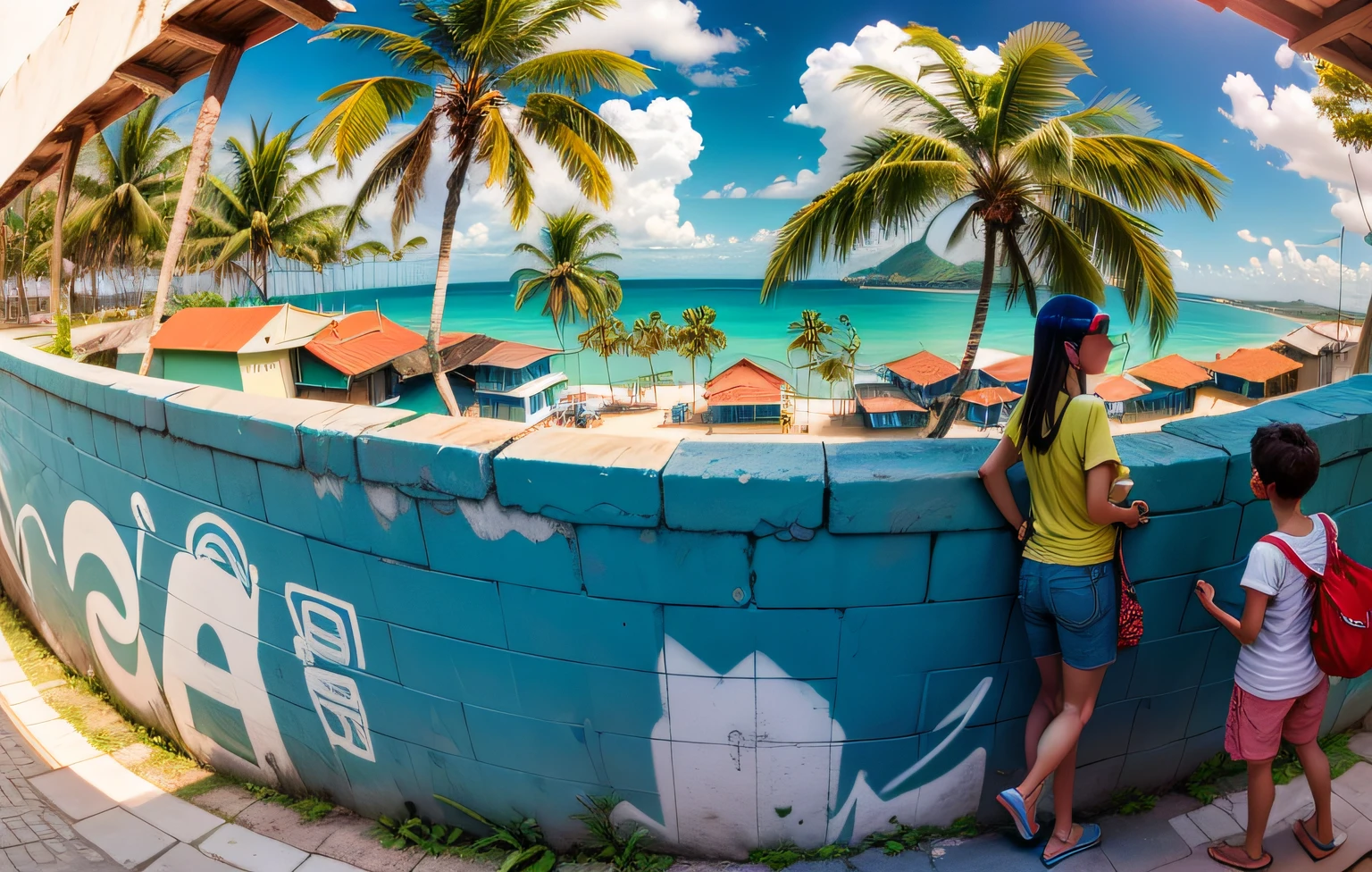 Masterpiece, best quality, toon, 3D, favela morro, low angle. Beautiful daytime sky, summer vibes, Brazil. Brazilianness. graffiti, art, nature, tourists, paradisiacal beach, fruit peddler.