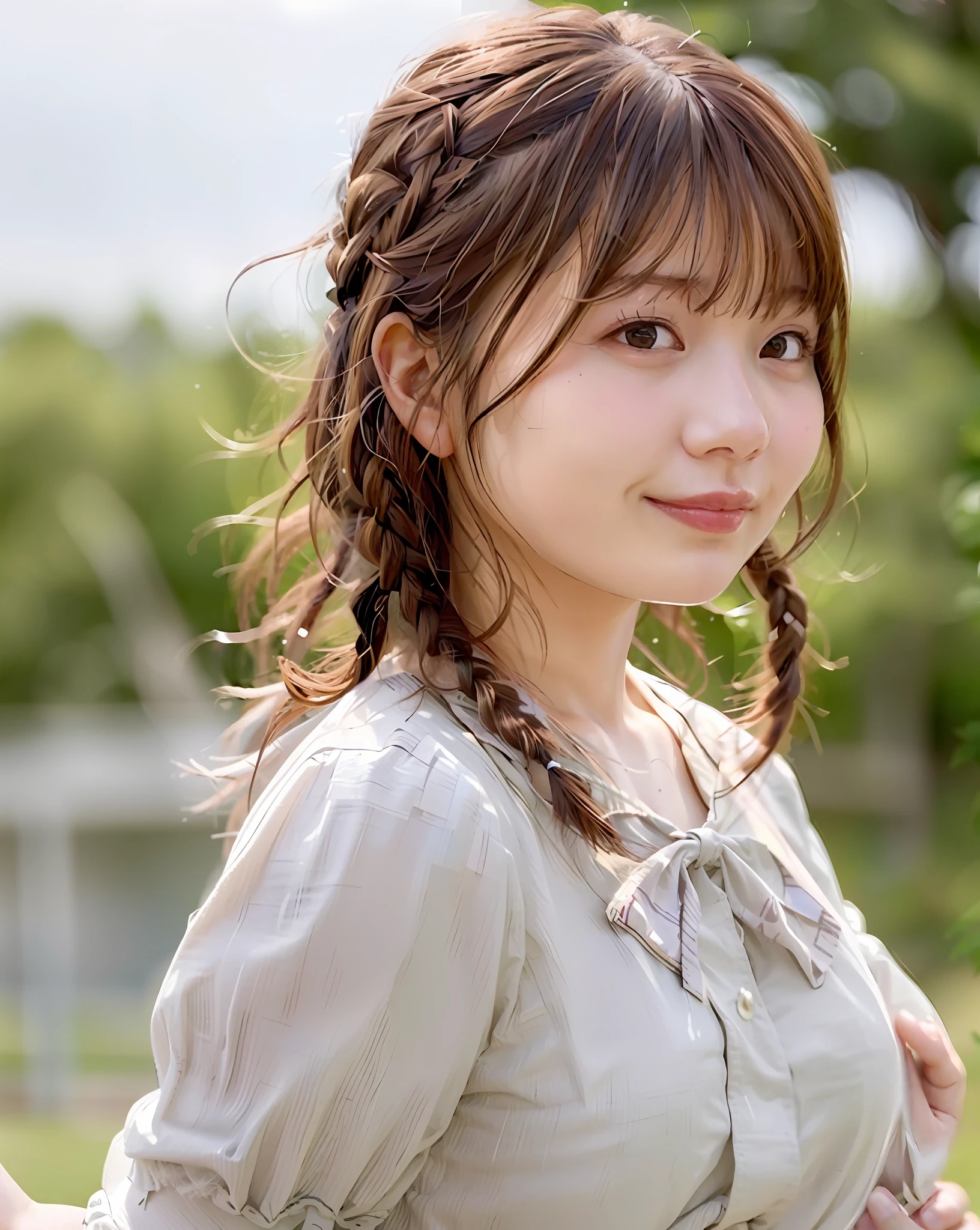 Top Quality, 1 Girl, (Skindentation), (Big), (Sun), Bright, Blurred Background, Outdoors, (Street:0.6), (People, Crowd:1), (Braided Bangs, Wavy Hair:1.5), (Blouse:1.5), Gorgeous (Floating Hair:1.5), (Dynamic Pouse:0.8), Soft Lighting, Wind, Garden,Big