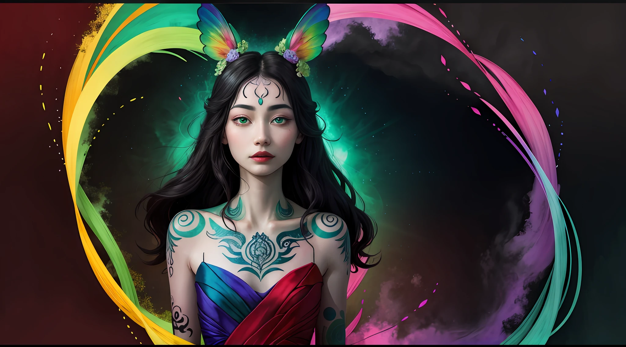 (Masterpiece: 1.2, High Quality), (Pixel: 1.4), (Song Dynasty Strokes: 1.4) (Wide Angle Lens, Panorama: 1.2), (Panorama Lens: 0.95), (Panorama Lens, Macro Lens: 1.25), Dynamic Angle, Perspective, High Point, Masterpiece, Best Quality, 8K, Crazy Detail, Intricate Detail, Ultra Detail, Super High Quality, Early Spring Willow Leaves, Often with Rain and Hate Clouds, Extremely Beautiful Bunny Deer Girl, Sideways, Face Like Peach Blossom March, Implied Amorous Moon.  The slender waist is curled, the restrained swallow lazy warbler is lazy, the sandalwood mouth is light, and the temptation of rose chaos.  Enchanting jade words, beautiful jade fragrance, tense shots (the sky glows red, visual impact, giving the poster a dynamic and visually striking appearance: 1.2), close-up, (analog lens, macro lens: 1.25), colorful colored transparent smooth stones: 1.5, ultra-realistic and complex, body makeover, glowing tattoos, surreal tattoos, highly realistic and complex, tattoo art, detailed neon tattoos