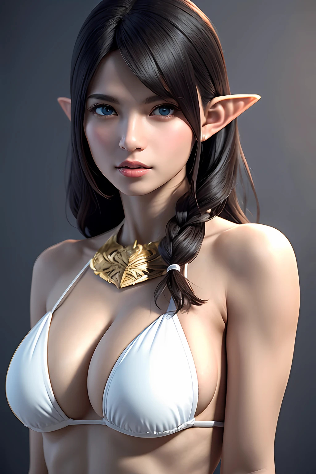 Ultra-detailed complex 3D rendering of the face, (Colossal: 8.8), (masterpiece, top quality, octane rendering, 8K), glamour shot full body image, very beautiful young elf, cleavage, (very detailed skin: 1.2), (exposure: 1.1), brown hair, (((White bikini: 1.95))))), beautiful Caucasian woman with full soft breasts and dark skin with big buttocks, one, long braided hair, Big breasts, dynamic angles, mystical expressions, ultra-realistic photos, ((((portrait))), bare feet, futuristic city background, facial muscles, detailed and beautiful gold crown, in the style of Marvel Comics, ArtStation Trends, Clear Focus, Studio Photography, Intricate Details, Very Detailed, Detailed Red Eyes, Very Detailed, Sharp Focus, Digital rendering, professional, abs, dark grey background, shot with Canon EOS R 6, (Saint Seiya: 1.4),