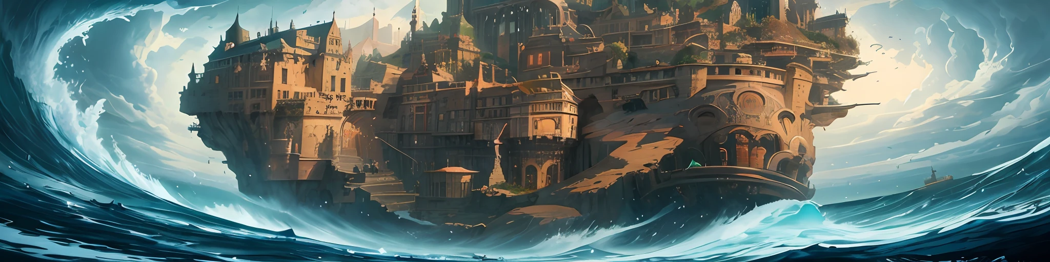 arafed image of a castle on a wave in the ocean, the city of atlantis, city of atlantis, the lost city of atlantis, an underwater city, marc _ simonetti, marc simonetti. intricate, lost city of atlantis, ancient steampunk city, symmetrical epic fantasy art, atlantis city, by Dan Christensen