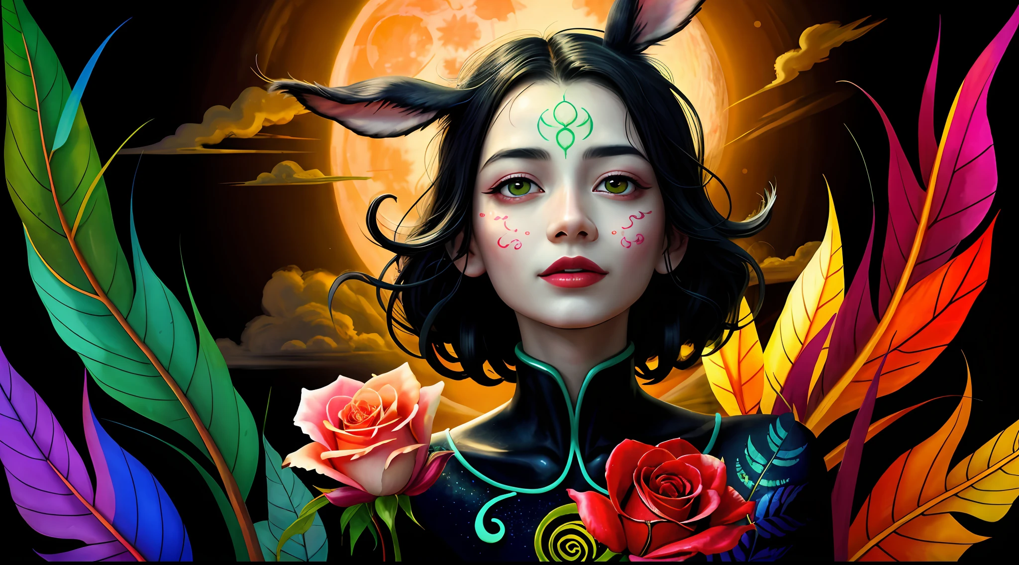 (Masterpiece: 1.2, High Quality), (Pixel: 1.4), (Song Dynasty Strokes: 1.4) (Wide Angle Lens, Panorama: 1.2), (Panorama Lens: 0.95), (Panorama Lens, Macro Lens: 1.25), Dynamic Angle, Perspective, High Point, Masterpiece, Best Quality, 8K, Crazy Detail, Intricate Detail, Ultra Detail, Super High Quality, Early Spring Willow Leaves, Often with Rain and Hate Clouds, Extremely Beautiful Bunny Deer Girl, Sideways, Face Like Peach Blossom March, Implied Amorous Moon. The slender waist is curled, the restrained swallow lazy warbler is lazy, the sandalwood mouth is light, and the temptation of rose chaos. Enchanting jade words, beautiful jade fragrance, tense shots (the sky glows red, visual impact, giving the poster a dynamic and visually striking appearance: 1.2), close-up, (analog lens, macro lens: 1.25), colorful colored transparent smooth stones: 1.5, ultra-realistic and complex, body makeover, glowing tattoos, surreal tattoos, highly realistic and complex, tattoo art, detailed neon tattoos