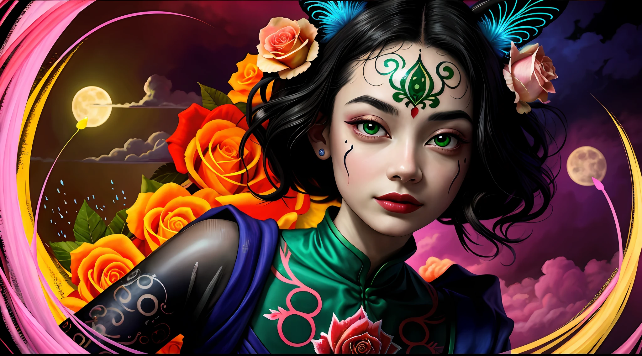 (Masterpiece: 1.2, High Quality), (Pixel: 1.4), (Song Dynasty Strokes: 1.4) (Wide Angle Lens, Panorama: 1.2), (Panorama Lens: 0.95), (Panorama Lens, Macro Lens: 1.25), Dynamic Angle, Perspective, High Point, Masterpiece, Best Quality, 8K, Crazy Detail, Intricate Detail, Ultra Detail, Super High Quality, Early Spring Willow Leaves, Often with Rain and Hate Clouds, Extremely Beautiful Bunny Deer Girl, Sideways, Face Like Peach Blossom March, Implied Amorous Moon.  The slender waist is curled, the restrained swallow lazy warbler is lazy, the sandalwood mouth is light, and the temptation of rose chaos.  Enchanting jade words, beautiful jade fragrance, tense shots (the sky glows red, visual impact, giving the poster a dynamic and visually striking appearance: 1.2), close-up, (analog lens, macro lens: 1.25), colorful colored transparent smooth stones: 1.5, ultra-realistic and complex, body makeover, glowing tattoos, surreal tattoos, highly realistic and complex, tattoo art, detailed neon tattoos