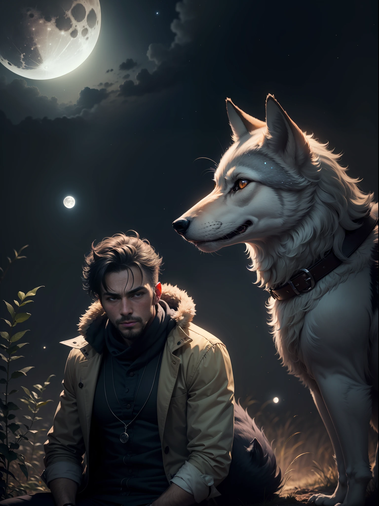 Man at night with a wolf looking at the moon."