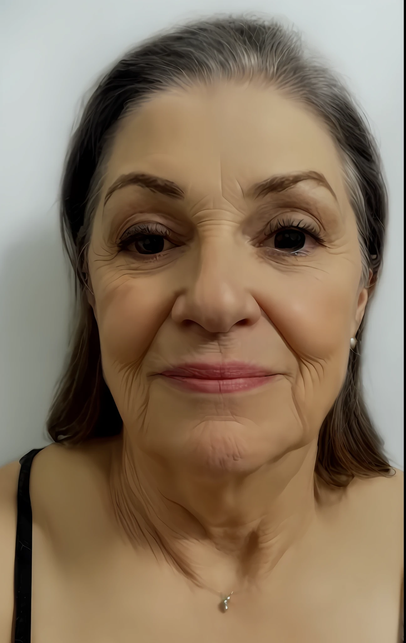 there is a woman with a black top and a necklace, 50 years, 50 years, mature facial features, by Nándor Katona, facial retouching, she is about 50 years old, face shown, profile picture, she is about 50 years old, frontal photo, valentina patch, ugly woman, wrinkled face