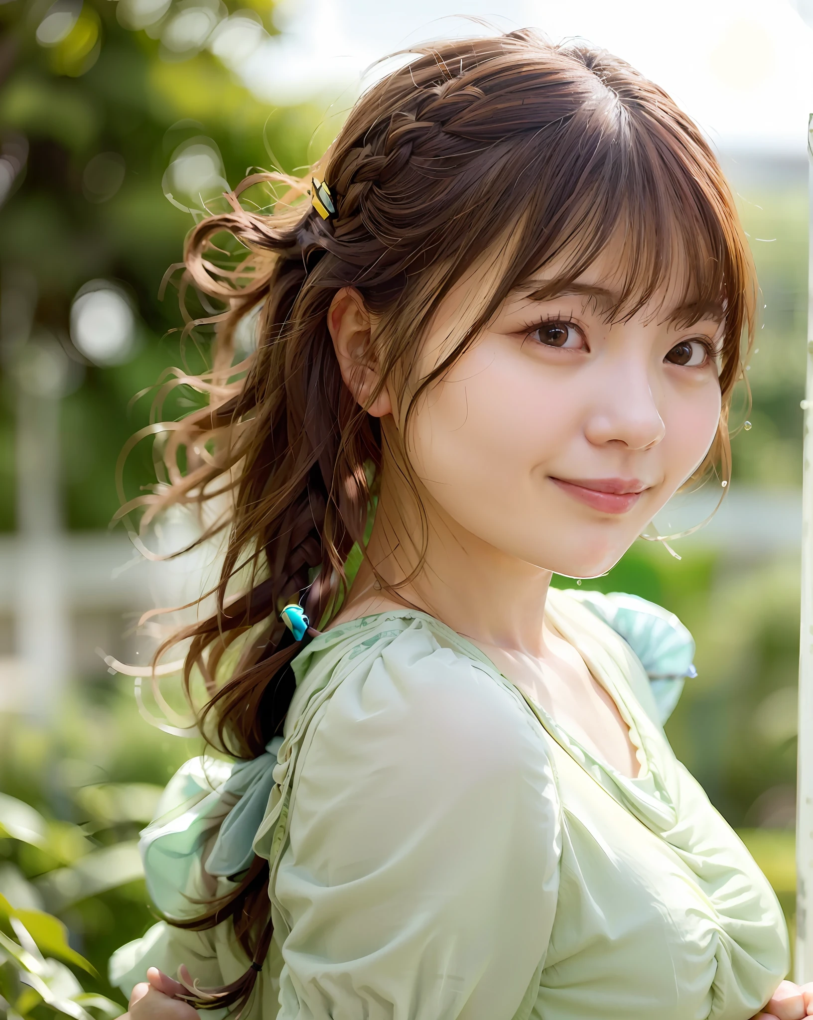 Top Quality, 1 Girl, (Skindentation), (Big), (Sun), Bright, Blurred Background, Outdoors, (Street:0.6), (People, Crowd:1), (Braided Bangs, Wavy Hair:1.5), (Blouse:1.5), Gorgeous (Floating Hair:1.5), (Dynamic Pouse:0.8), Soft Lighting, Wind, Garden,Big