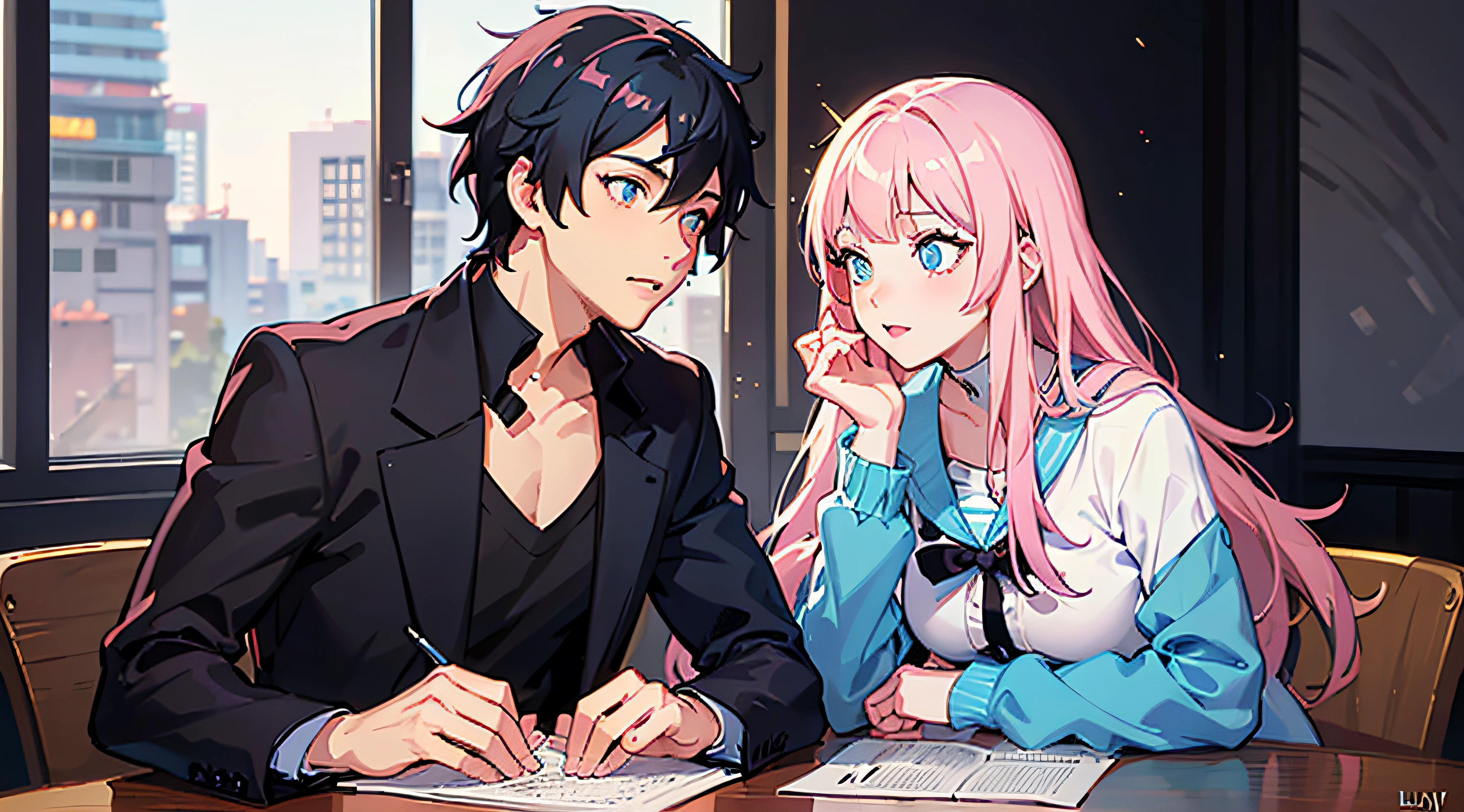 (woman with pink hair, sparkling light blue eyes)+(man with black hair and bright dark blue eyes)+(anime style Ilya Kuvshinov:1.2)+(love at first sight in a circle of friends)+(full body image)+(exchange of passionate glances at a table)
