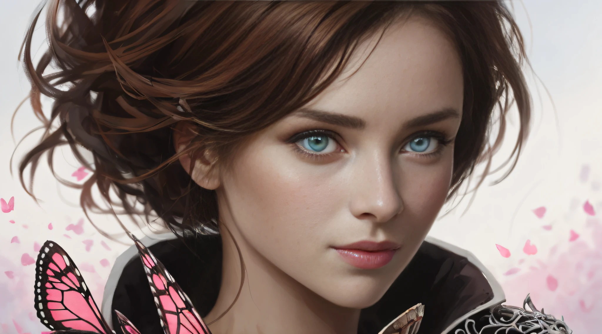 8k portrait of a beautiful cyborg with brown hair, intricate, elegant, highly detailed, majestic, digital photography, art by artgerm and ruan jia and greg rutkowski surreal painting of filigree pink butterfly, broken glass (masterpiece, side lighting, beautiful finely detailed eyes: 1.2 ), hdr,