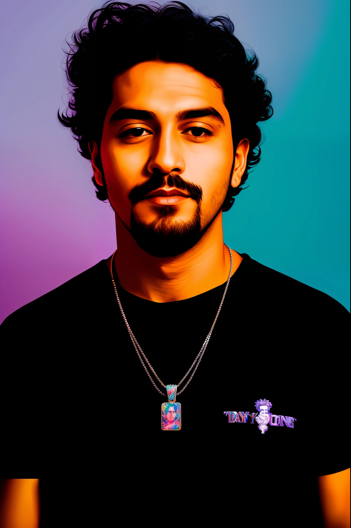 there is a man with a black shirt and a necklace, portrait of danny gonzalez, arian mark, felipe pantone, enes dirig, lucas graziano, alex yanes and lisa frank, daniel mirante, mid shot portrait, male with halo, oil slick, nick silva, julian calle, twitch streamer / gamer ludwig, maxwell boas