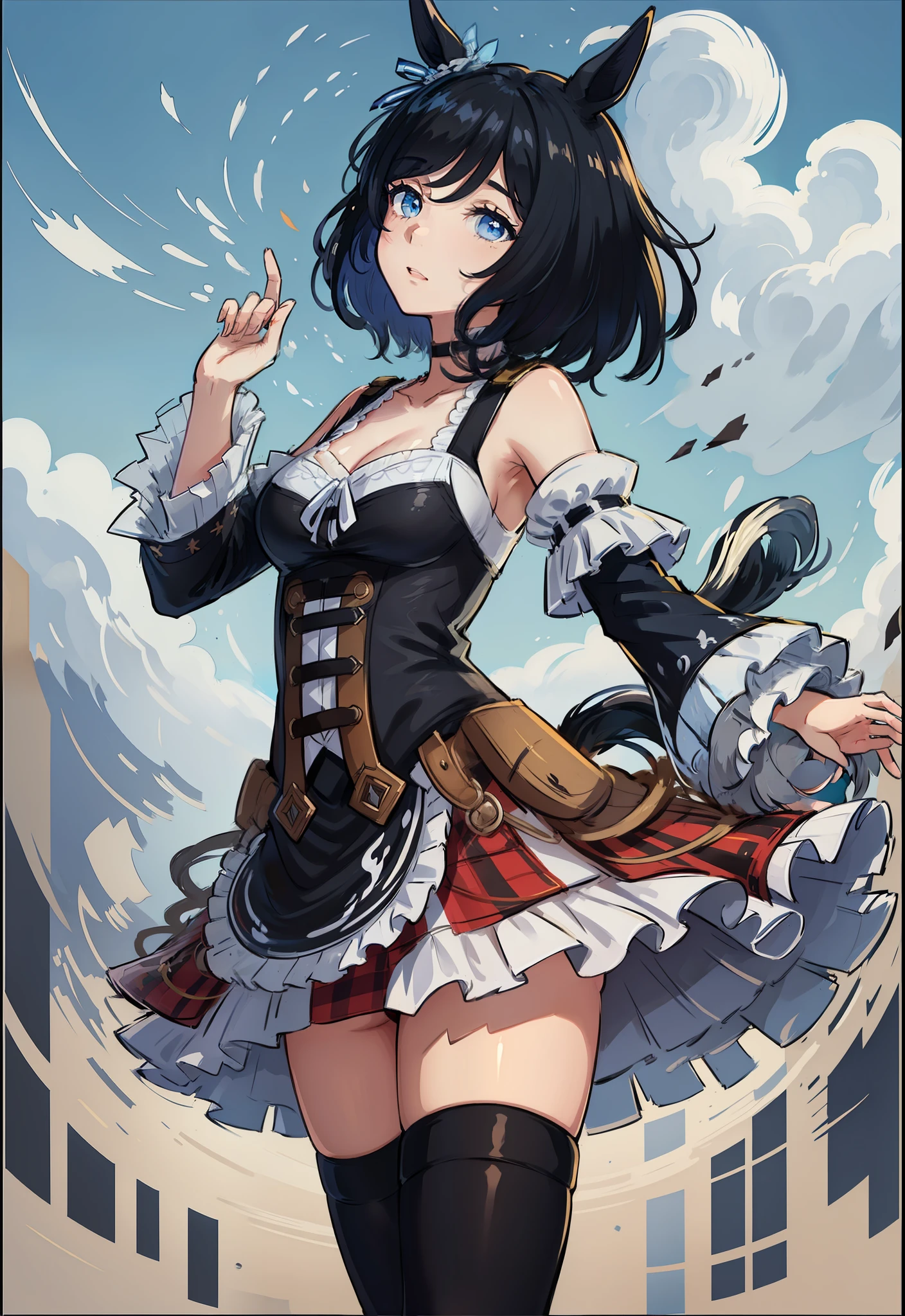 (Masterpiece: 1.2, highest quality), (Beautiful eyes of detail: 1.2), (Highly detailed CG Unity 8k wallpaper, masterpiece, highest quality, super detail, best shadow), (Detailed background), (Beautiful detailed face, beautiful detailed eyes), high contrast, (best lighting, very delicate and beautiful), 1girl, ((Splashing of color, dulux, , transparent background)), dynamic angle, Beautiful detailed shine, full body, cowboy shot, Aisin flash, uma musume, horse ear, black moo, (black moo), short hair, black hair, blue eyes, beautiful eyes, black clothes, red half skirt, profile, looking up at the sky, outdoor, outdoor, wind blowing, background is blue sky, (((background blue sky)))), sideways, (side view)), ((looking up at the sky)), hair, looking at the sky, focus on the sky