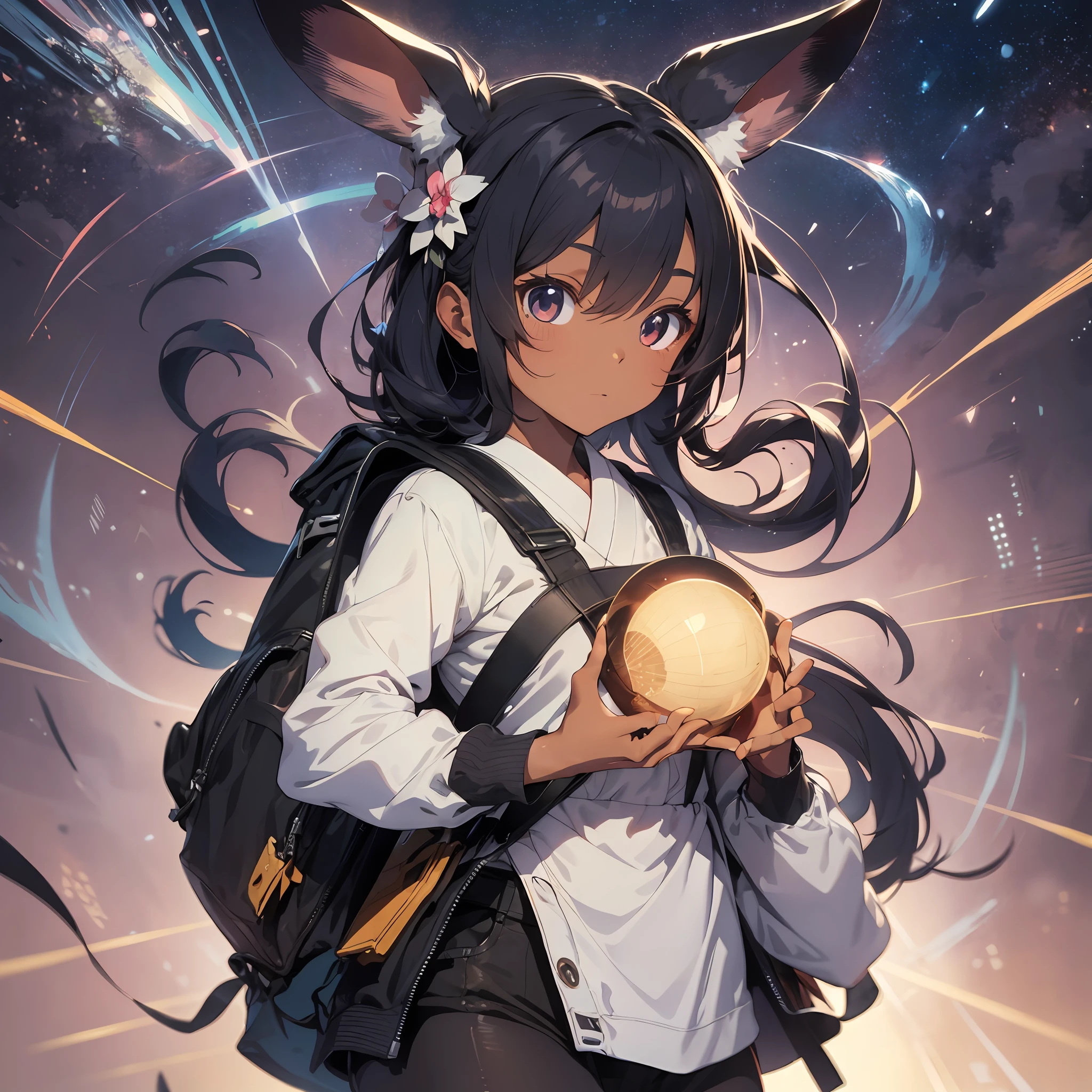 Miko, pre-war Japan, ball of light in palm, natural luminescence, thick eyebrows, (huge backpack: 1.5), (dark skin: 1.3), brown skin, movie lighting, small, rabbit ears, (master master masterpiece), ((best quality)), (super detailed), shiny skin, full body anime girl, clean and detailed anime face, high resolution anime eyes, five fingers, textile shading, perfect human structure, perfect anatomy,