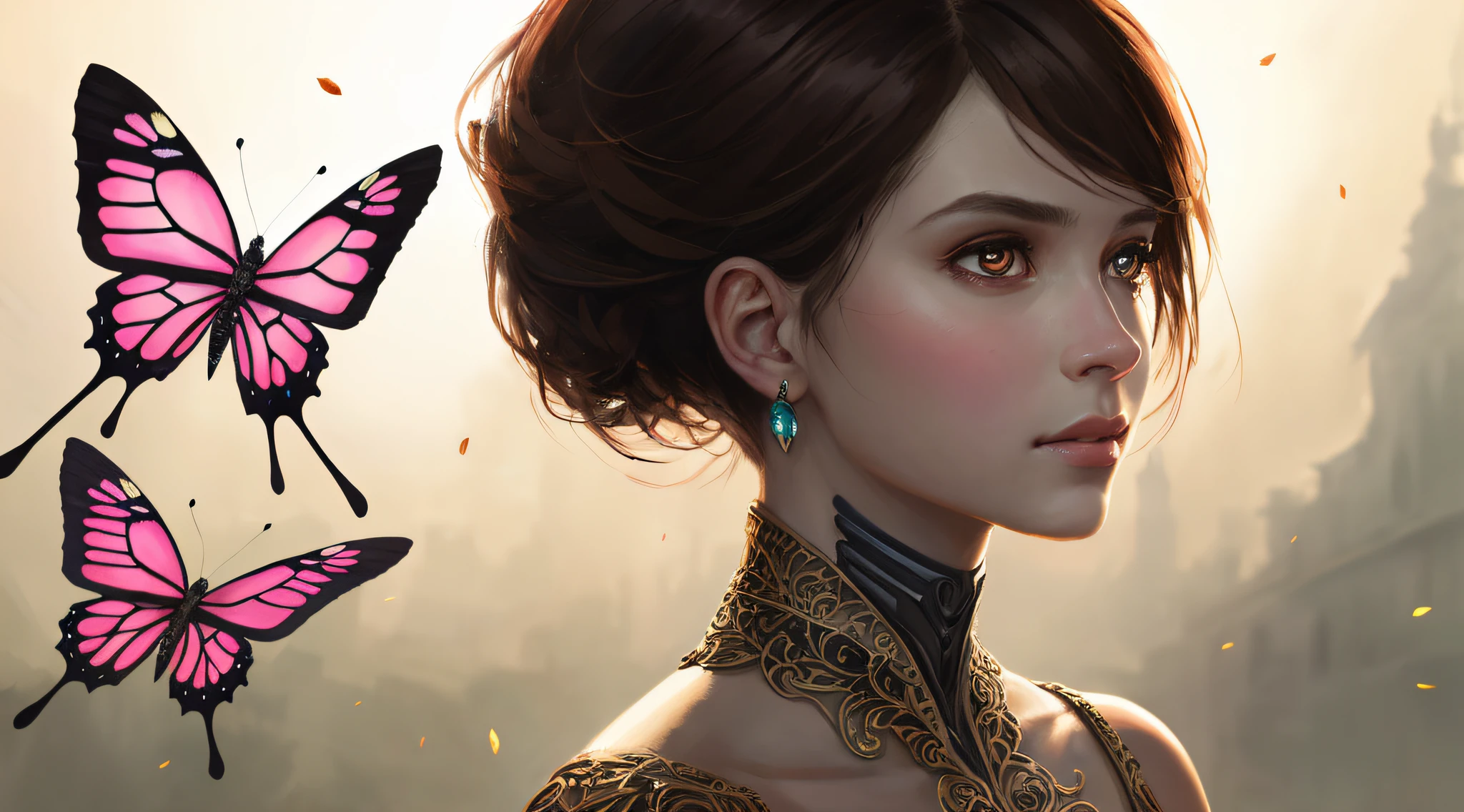 8k portrait of a beautiful cyborg with brown hair, intricate, elegant, highly detailed, majestic, digital photography, art by artgerm and ruan jia and greg rutkowski surreal painting of filigree pink butterfly, broken glass (masterpiece, side lighting, beautiful finely detailed eyes: 1.2 ), hdr,