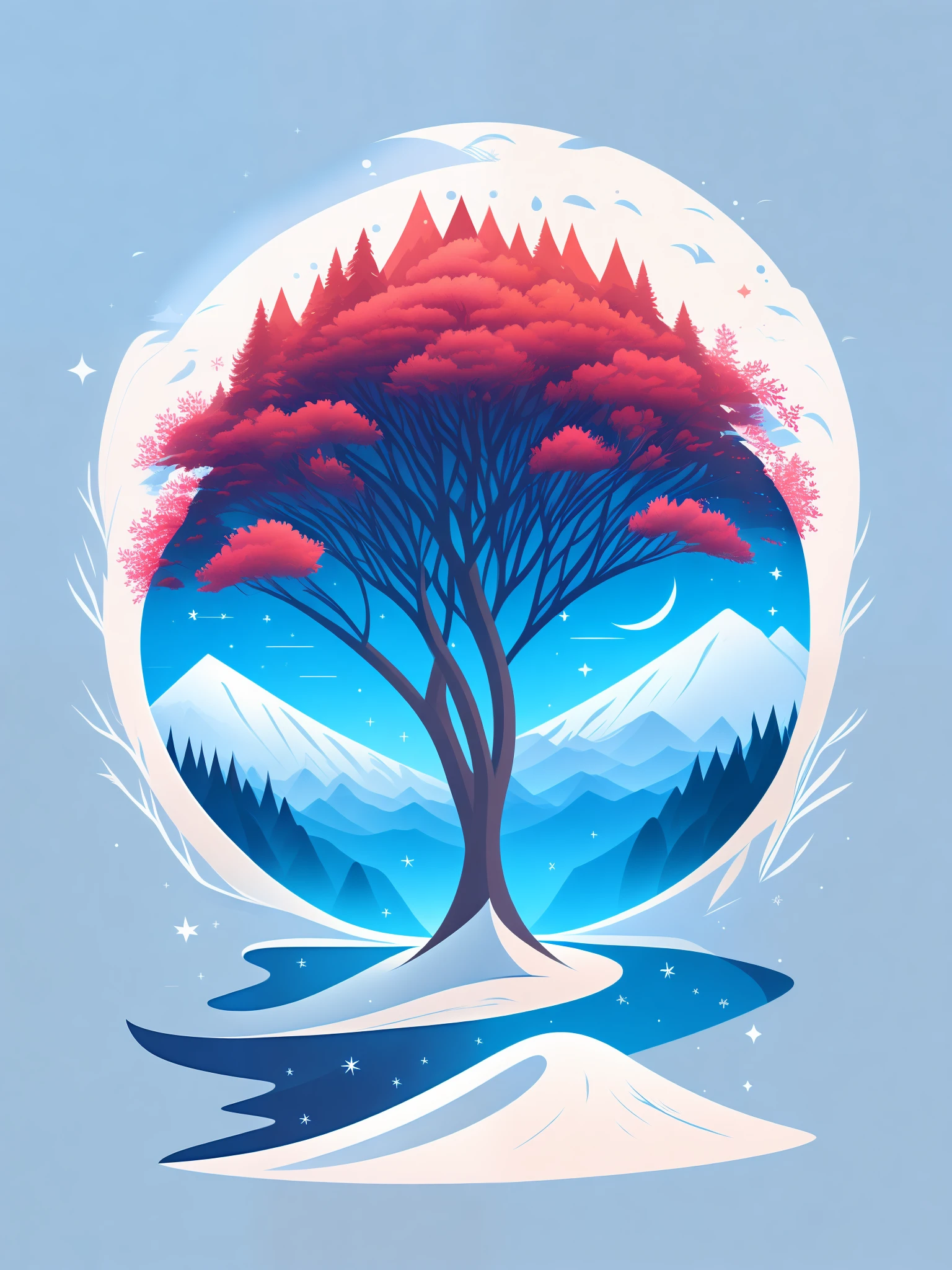 a spruice tree in a winter landscape, tshirt design, rzminjourney, vector-art