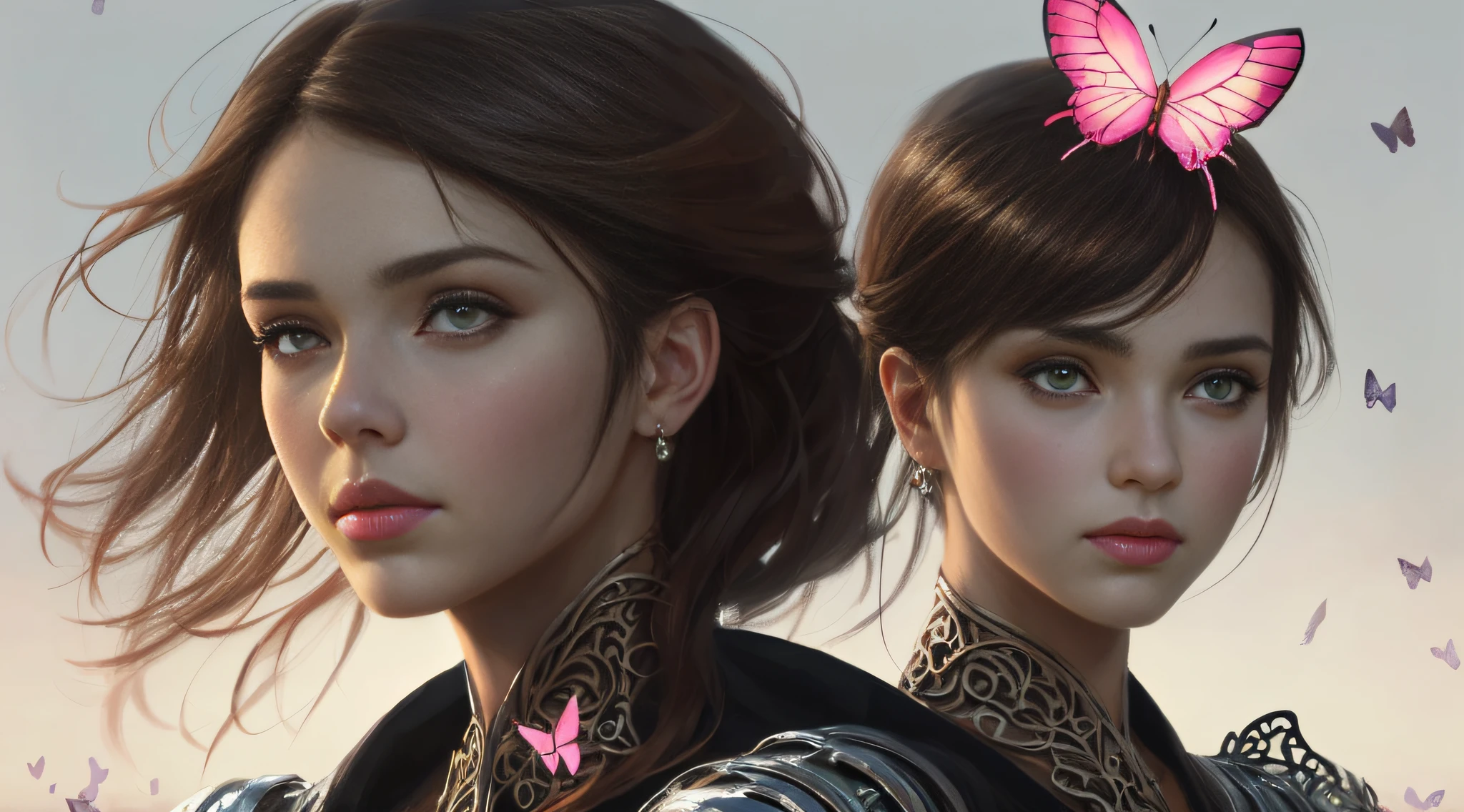 8k portrait of a beautiful cyborg with brown hair, intricate, elegant, highly detailed, majestic, digital photography, art by artgerm and ruan jia and greg rutkowski surreal painting of filigree pink butterfly, broken glass (masterpiece, side lighting, beautiful finely detailed eyes: 1.2 ), hdr,