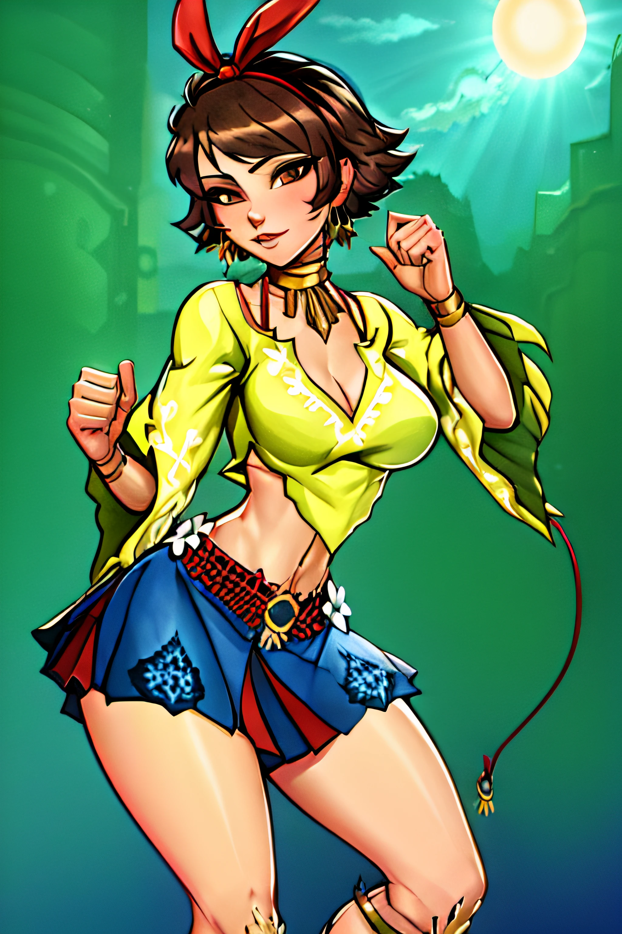 josie rizal, (short dark brown hair), (brown eyes), (slight young woman), (red ribbon hair accessory), {yellow, bell-sleeved, rounded v-neck midriff with a white floral design along the edge of the sleeves and neckline, and a red bikini top underneath}, {blue short shorts underneath the light blue skirt}, {light blue and red skirt with a red rope belt tied into flower-shaped knots}, {The belt meets at the front in a gold, sun-shaped buckle and have two white flowers at the hips designed after the "Sampaguita", the national flower of the Philippines, which is also the inspiration for the floral designs on her top}, {Her shoes are brown warrior sandals with sun designs at the knee and ankles}, {golden sun necklace, matching golden sun earrings, and golden bracelets on both of her wrists}, [retro anime art style], old anime, 1980s \(style\), 1990s \(style\), watercolor \(medium\), 1girl, (masterpiece, top quality, best quality, official art, beautiful and aesthetic:1.2), (1girl:1.3), (fractal art:1.3), solo,realistic full body portrait of josierz, illustration by Greg rutkowski, yoji shinkawa, (Cinmatic:0.4), looking at viewer, [retro anime art style], old anime, 1980s \(style\), 1990s \(style\), watercolor \(medium\), &lt;lora:carrot_mix:0.8&gt;, &lt;lora:Affix_Parapara_V1:0.7&gt; op quality, best quality, official art, ultra detailed texture, ultra detailed hands,