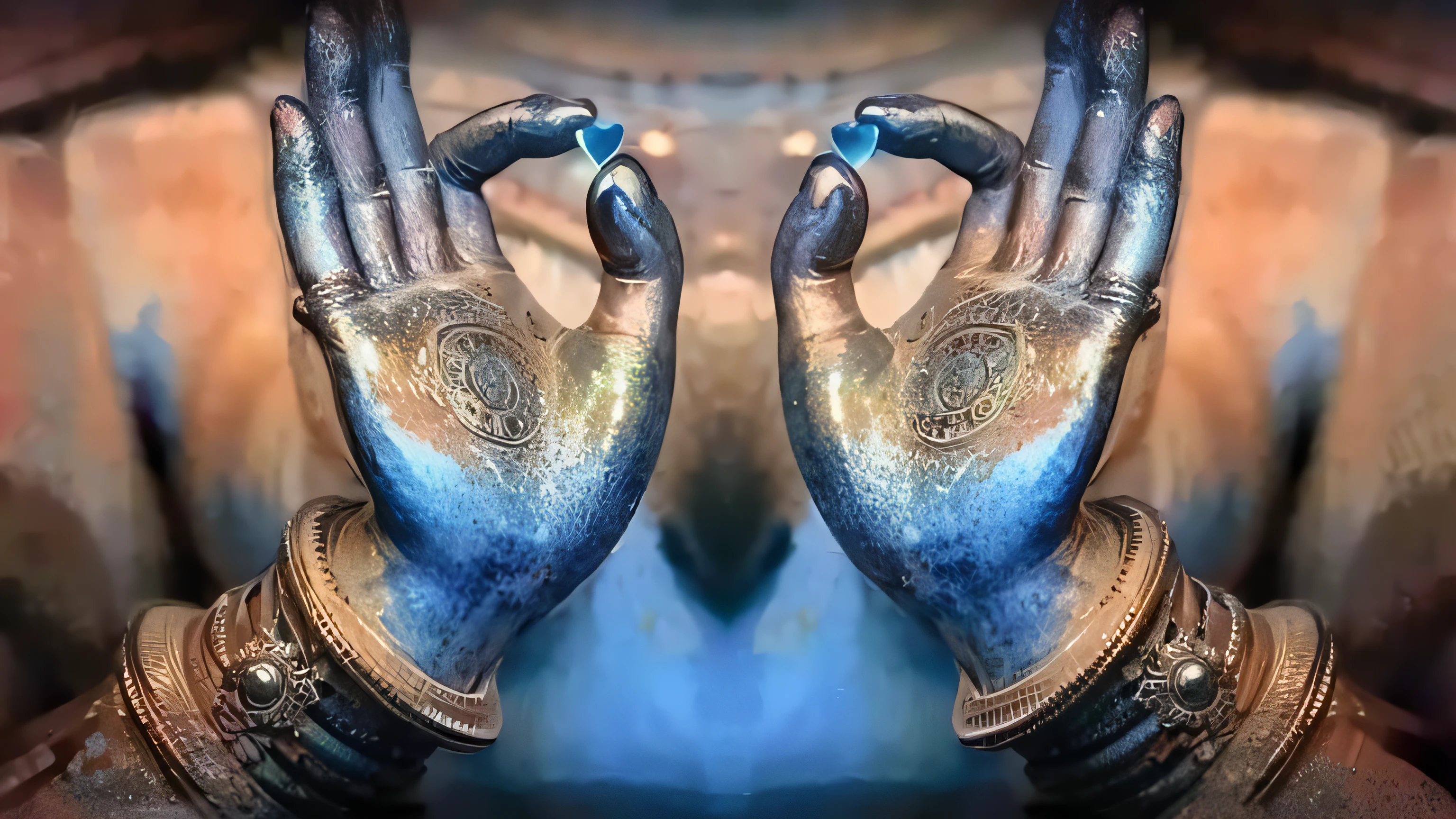 a close up of a person with painted hands and a body, blessing hands, symmetrical hands, coherent hands, anjali mudra, beautiful image, magic art flowing from hands, prayer hands, blue gloves, mystical feeling, emanating with blue aura, spiritual art, hands retouched, hand photography, enhanced hands, solemn gesture, hamsa hand, symmetric!!