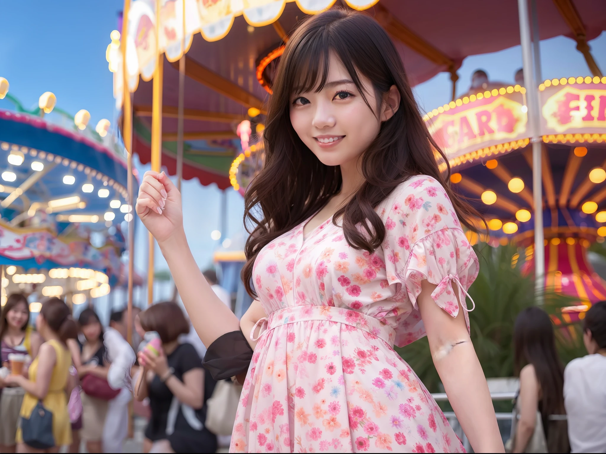 drawing, dramatic, 1 girl, cute Japan girl, black hair, sundress, (medium breasts), (beach promenade, amusement park, ferris wheel, carousel, cotton candy, arcade, roller coaster), live-action, realistic, smile,