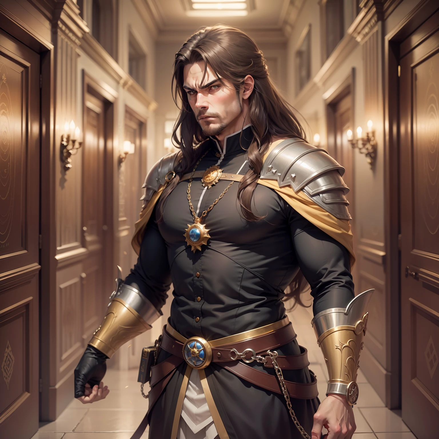 Realistic image of a handsome, strong man, long brown hair, brown eyes, anime-style art, dressed in black alchemist-style costumes with a black blouse underneath, angry, hallway of a royal palace