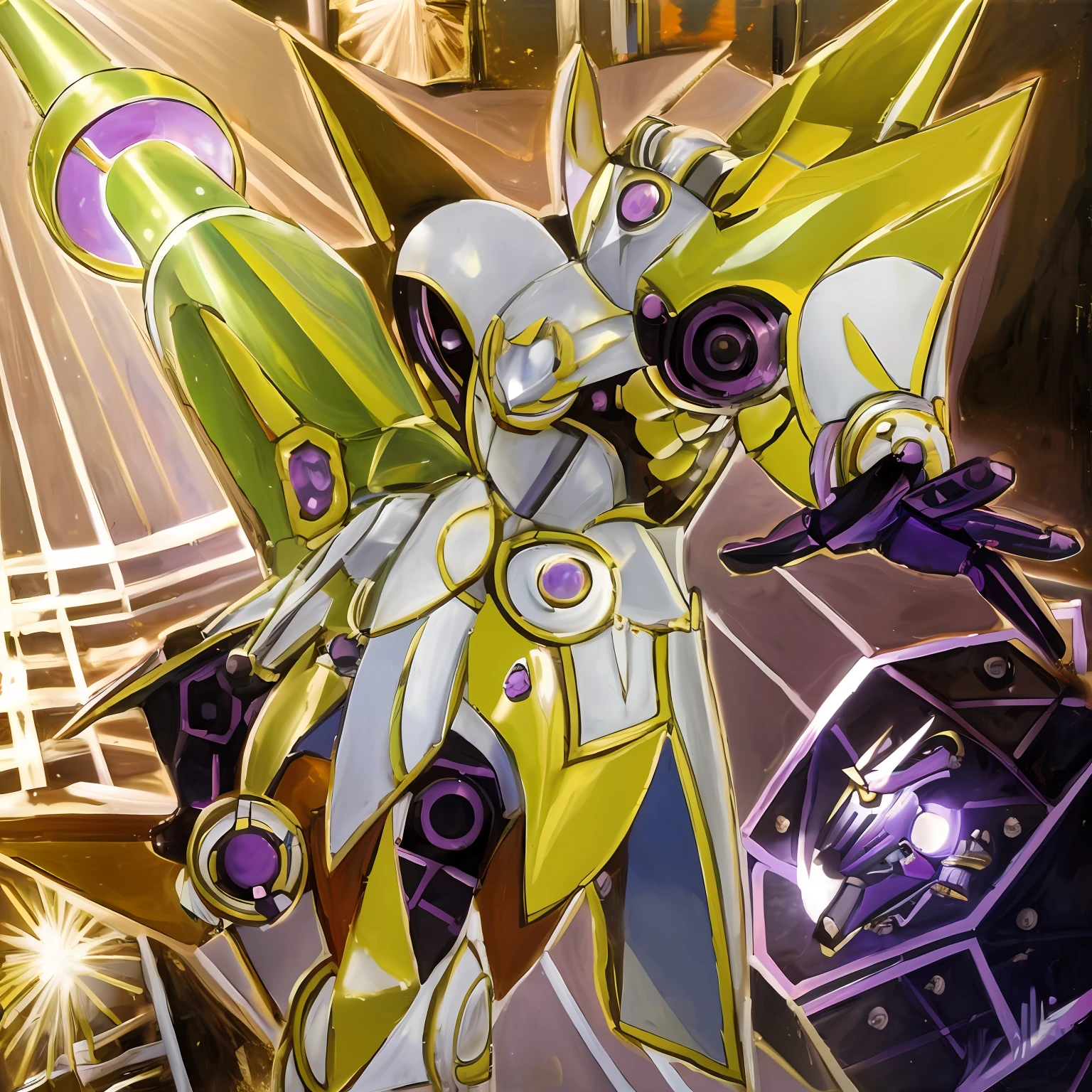 a close up of a painting of a robot with a yellow and purple suit, gold paladin, white metal neocubism armor, anime robotic mixed with organic, vitruvian mecha, galactic deity, inspired by Hiromu Arakawa, sliver ice color reflected armor, akasuki voidstar, detailed cosmic angelic robot, yugioh artwork