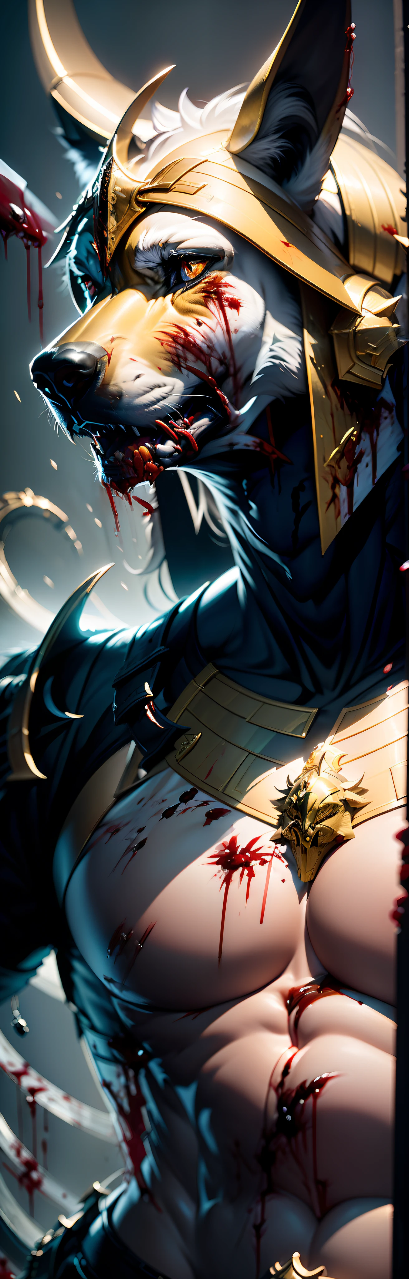 Dogy.1boy, (a lot of blood:2.4)single, adult, mature, tall muscular male, broad shoulders, handsome, dog head, glowing red eyes ,angular chin, glittering golden armor, holy light, light art, light painting, wildlife photography