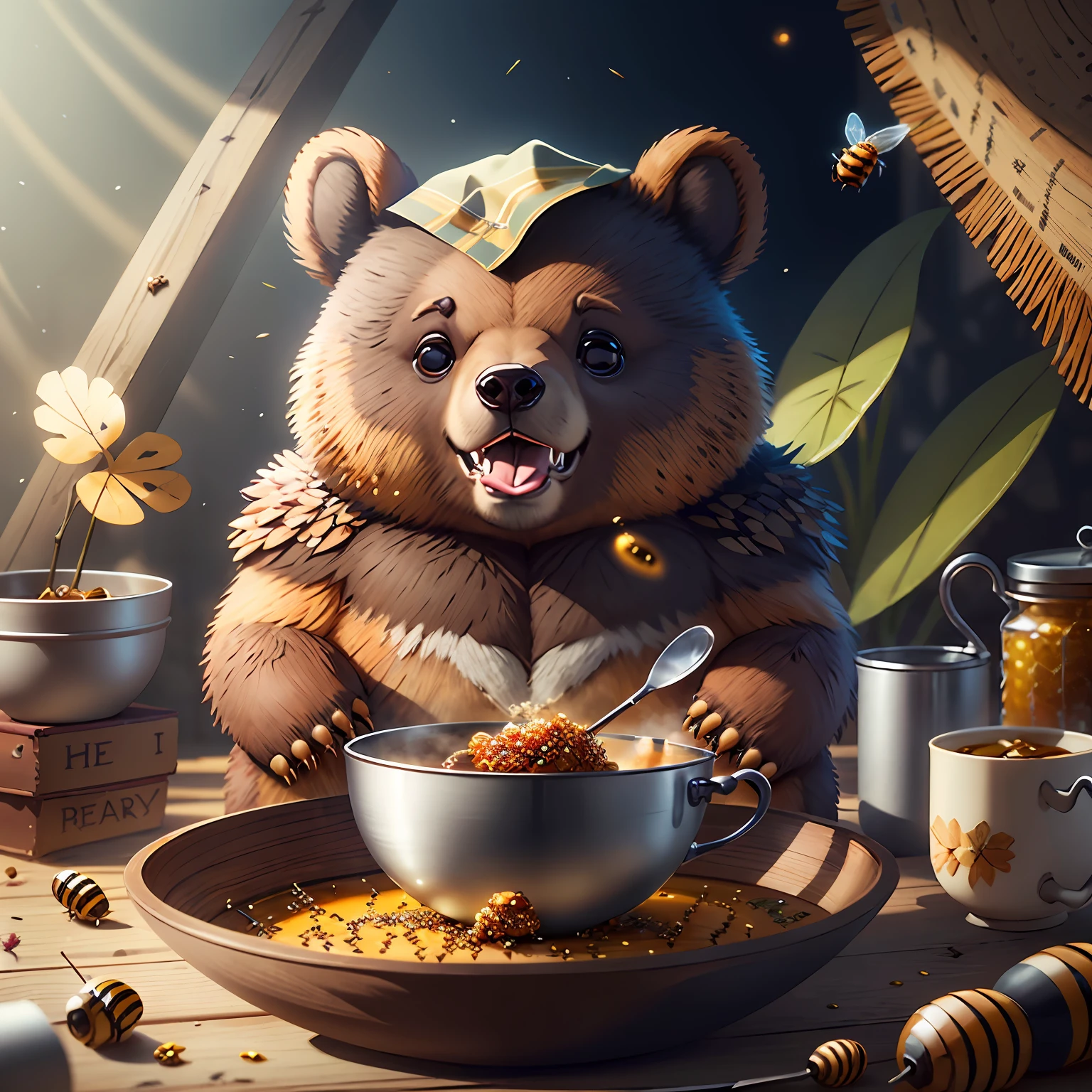 there is an assasino bear that is eating honey from a bowl and there are many bees, realistic bear portrait, honey, animated film, netflix, wojtek fus, bear, alexey egorov, made of honey, sergey zabelin, animated film still, animated film still, screenshot of anime film, by Aleksander Gierymski, by Igor Grabar