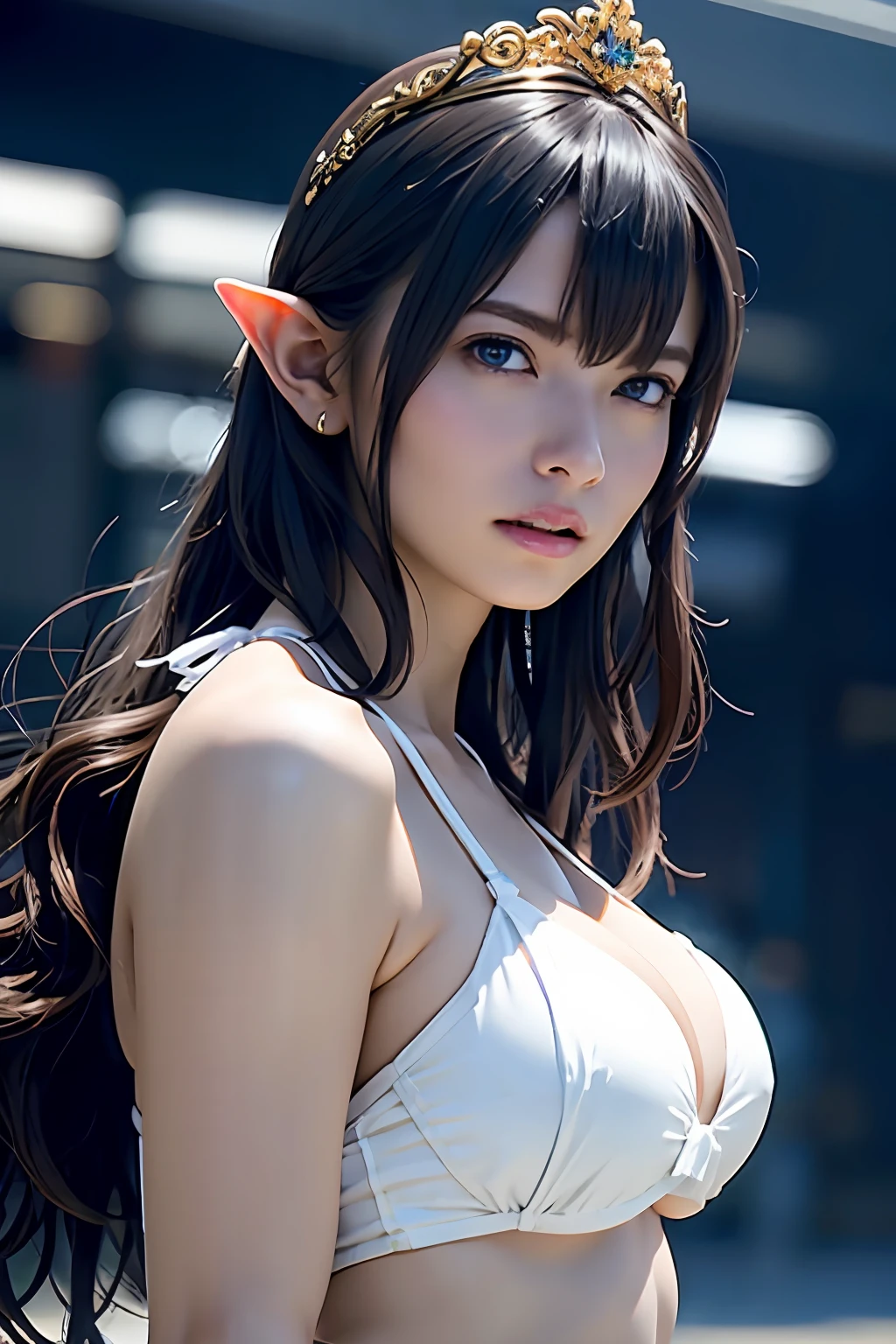 Ultra-detailed complex 3D rendering of the face, (Colossal: 8.8), (masterpiece, top quality, octane rendering, 8K), glamour shot full body image, very beautiful young elf, cleavage, (very detailed skin: 1.2), (exposure: 1.1), brown hair, (((White bikini: 1.95))))), beautiful Caucasian woman with full soft breasts and dark skin with big buttocks, one, long braided hair, Big breasts, dynamic angles, mystical expressions, ultra-realistic photos, ((((portrait))), bare feet, futuristic city background, facial muscles, detailed and beautiful gold crown, in the style of Marvel Comics, ArtStation Trends, Clear Focus, Studio Photography, Intricate Details, Very Detailed, Detailed Red Eyes, Very Detailed, Sharp Focus, Digital rendering, professional, abs, dark grey background, shot with Canon EOS R 6, (Saint Seiya: 1.4),