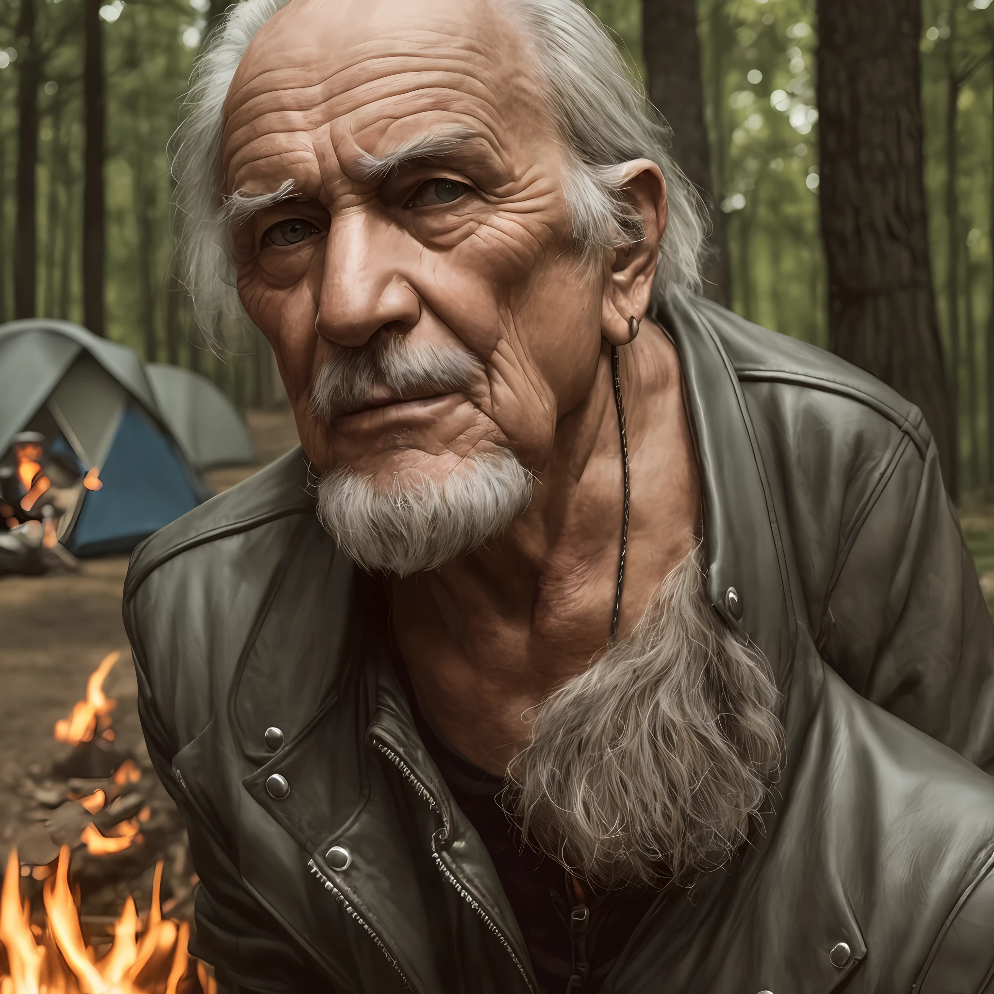 Wise, old, biker, face seen up close, camping, campfire, motorcycle, looking from the front, realistic --auto