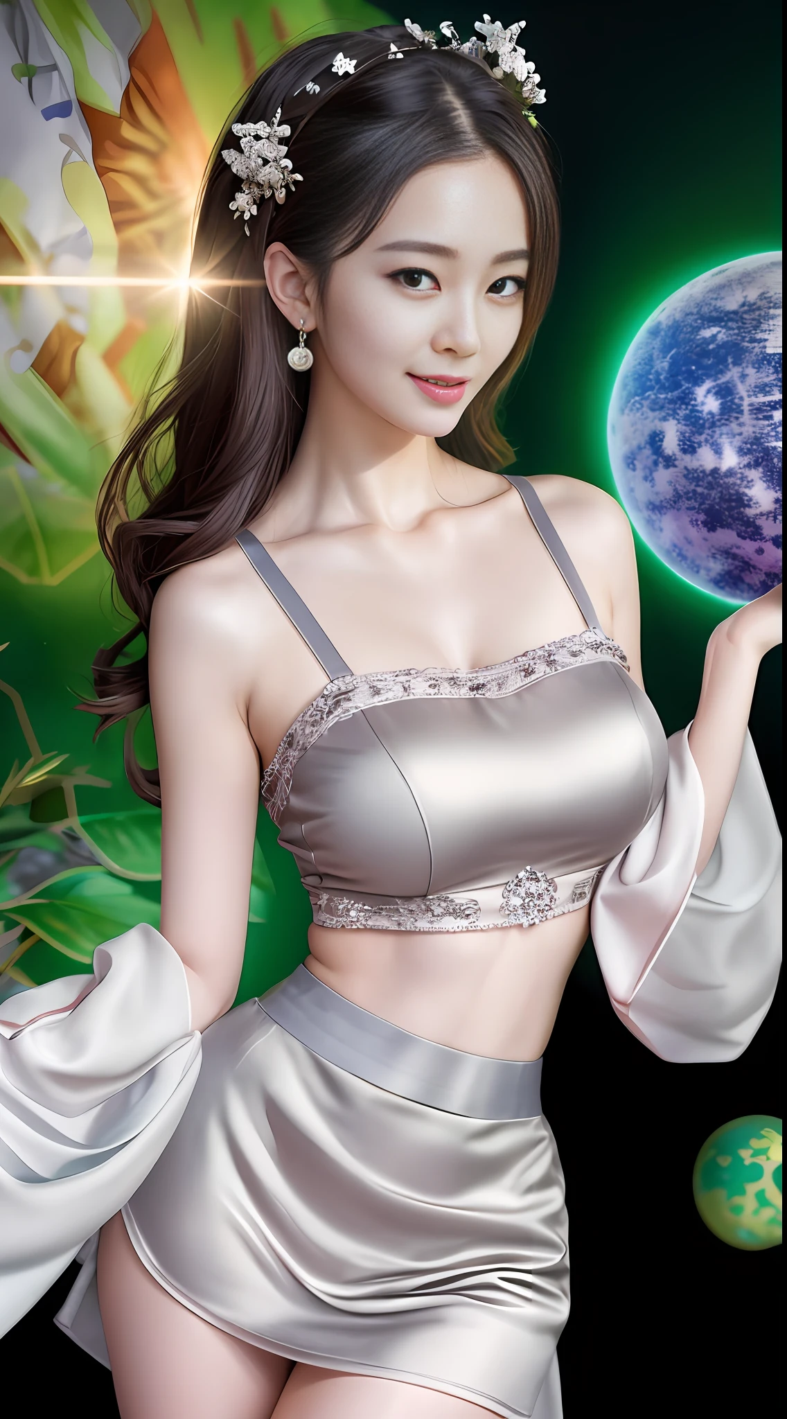 Smiling minchen, mouth closed, balanced eyes, (Best Quality Detail: 1.2), Realistic, 8K HD, Ultra-detailed, High Quality Texture, Intricate Detail, Detailed Texture, Fine Detail, High Detail, Very Detailed CG, Delicate Beautiful Delicate Face, (Delicate Beautiful Delicate Eyes: 1.32), Very Bright Lighting, Ray Tracing, (A Beautiful 25-Year-Old Cute Japanese Lady: 1), Proud, Tall Feminine, Beautiful Legs, Glowing Eyes, Blush, Very White Skin, Perfect Body Petite, Silver Tight Bra, [Brown Skirt]: 1, Stockings and suspenders: 1.2, long hair, short pink skirt, comfortable living room, sun, hands open, earrings, necklace, model, looking at the audience, standing pose, from the side, dynamic pose, front