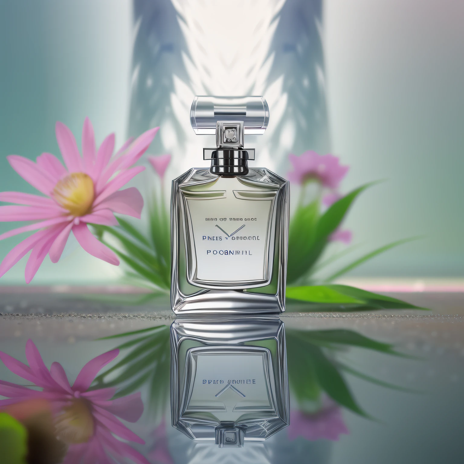 Nice wide-angle photoshoot of (one perfume bottle:1.5) with turquoise color concept, unique design, silver lid, water splashes on base, reflection, floral as background, back lighting, D.O.F, hyper details in the product session, best of photoshoot, best of photography, diffusion color concept, cinematic lighting, pink and white flower as side prop, photography, photorealistic