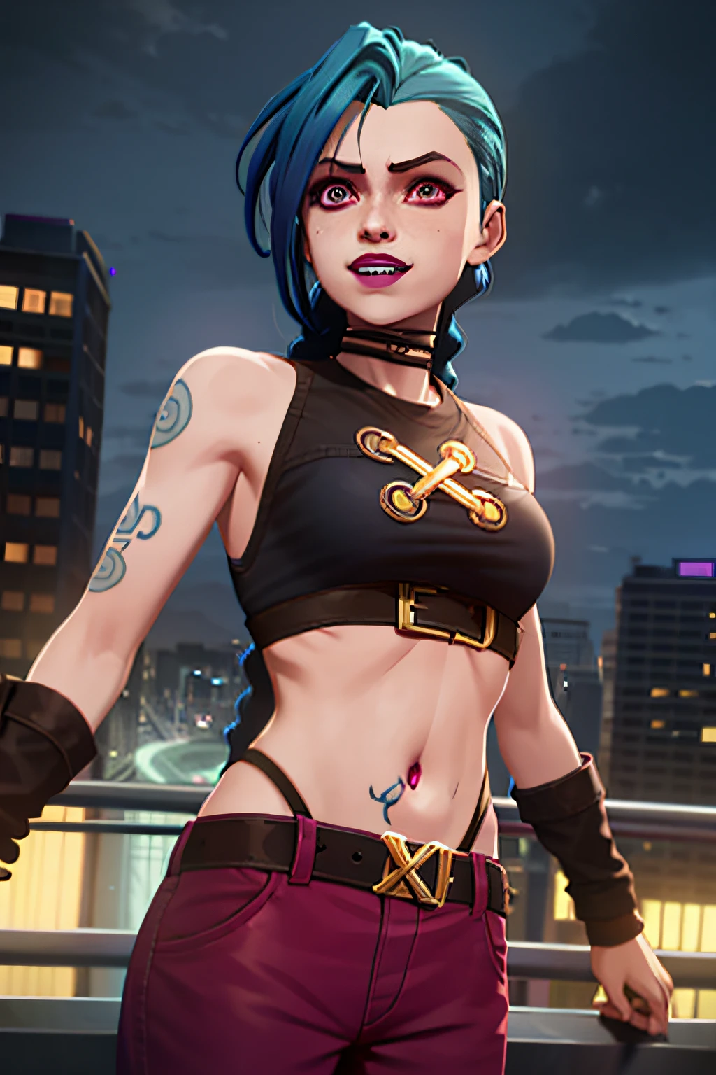 arcane style,
1girl, arm tattoo, asymmetrical bangs, bangs, blue hair, braid, brown shirt, cloud tattoo, looking at viewer, laughing, crazy, uncontrollable laugh, mad look, night, city, green hair, long hair, midriff, pink eyes, red lips, shirt, solo, standing, tattoo, twin braids, upper body, arcane jinx, jinx \(league of legends\)
